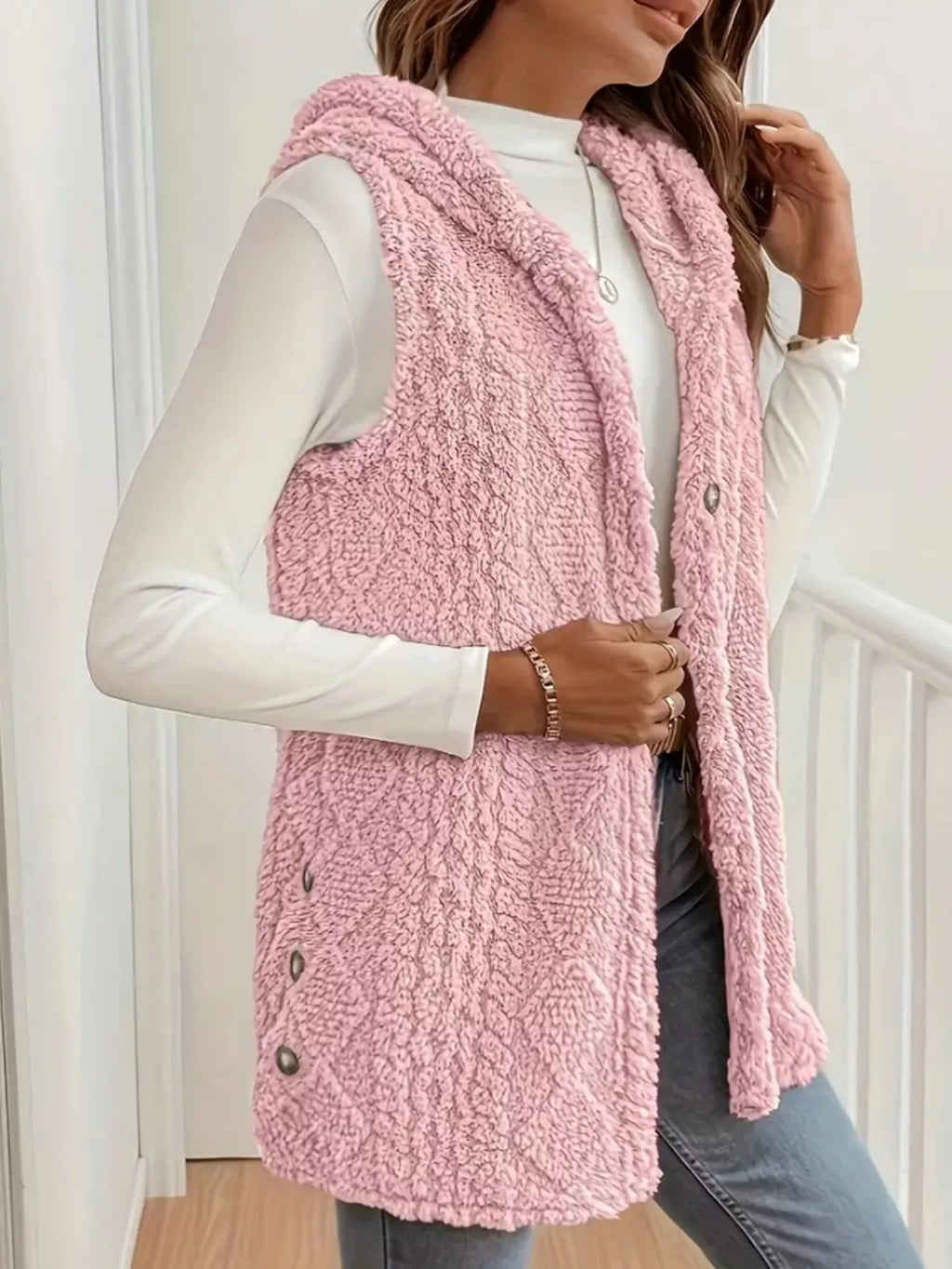 Button Up Plush Hooded Vest Coat - Lilixa.store