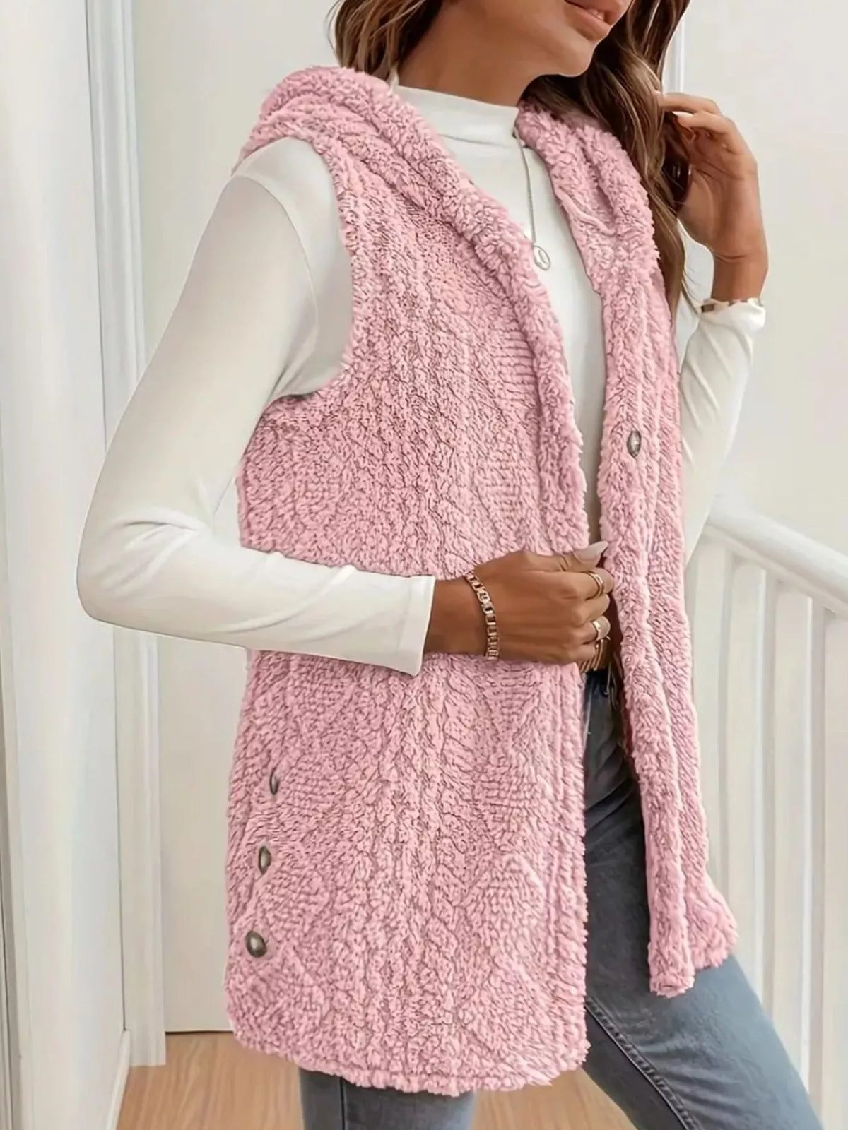Button Up Plush Hooded Vest Coat - Lilixa.store