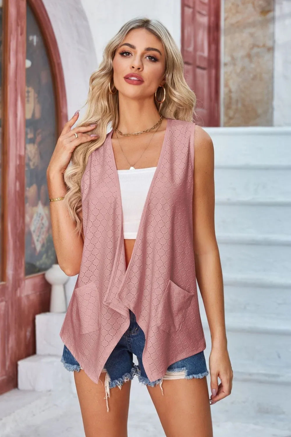 Eyelet Open Front Sleeveless Cardigan - Lilixa.store