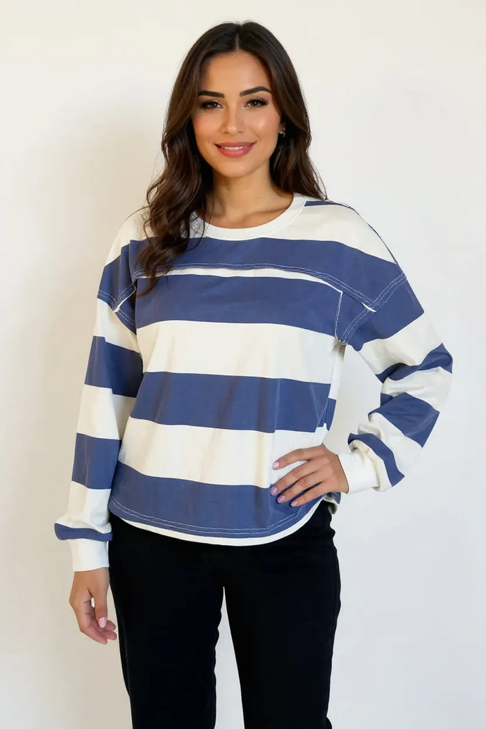 Oh Pima Cotton Wash Exposed Seam Contrast Striped Round Neck Long Sleeve T-Shirt - Lilixa.store
