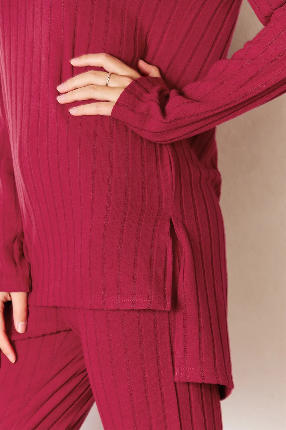 Basic Bae Full Size Ribbed Round Neck High-Low Slit Top and Pants Set - Lilixa.store