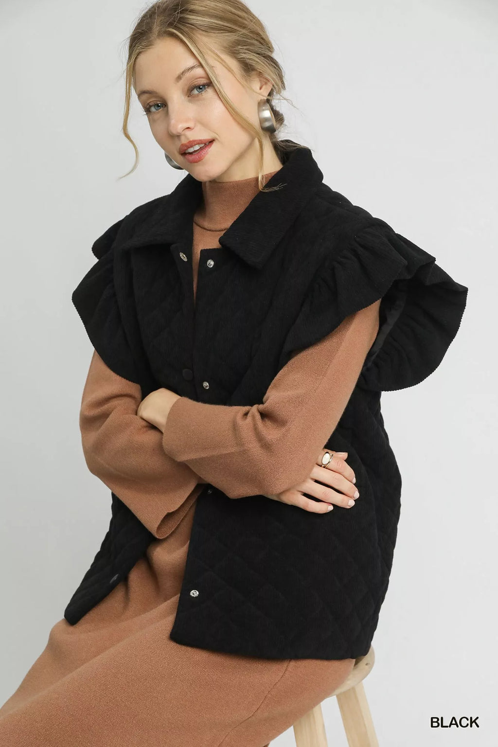 Umgee Corduroy Quilted Ruffle Sleeve Vest - Lilixa.store