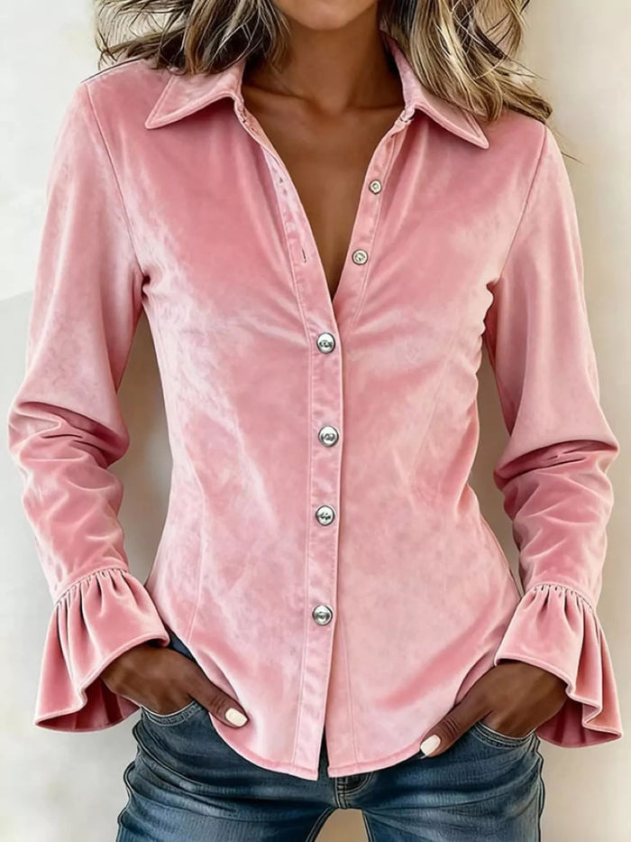Full Size Button Up Flounce Sleeve Shirt Plus Size in Pink