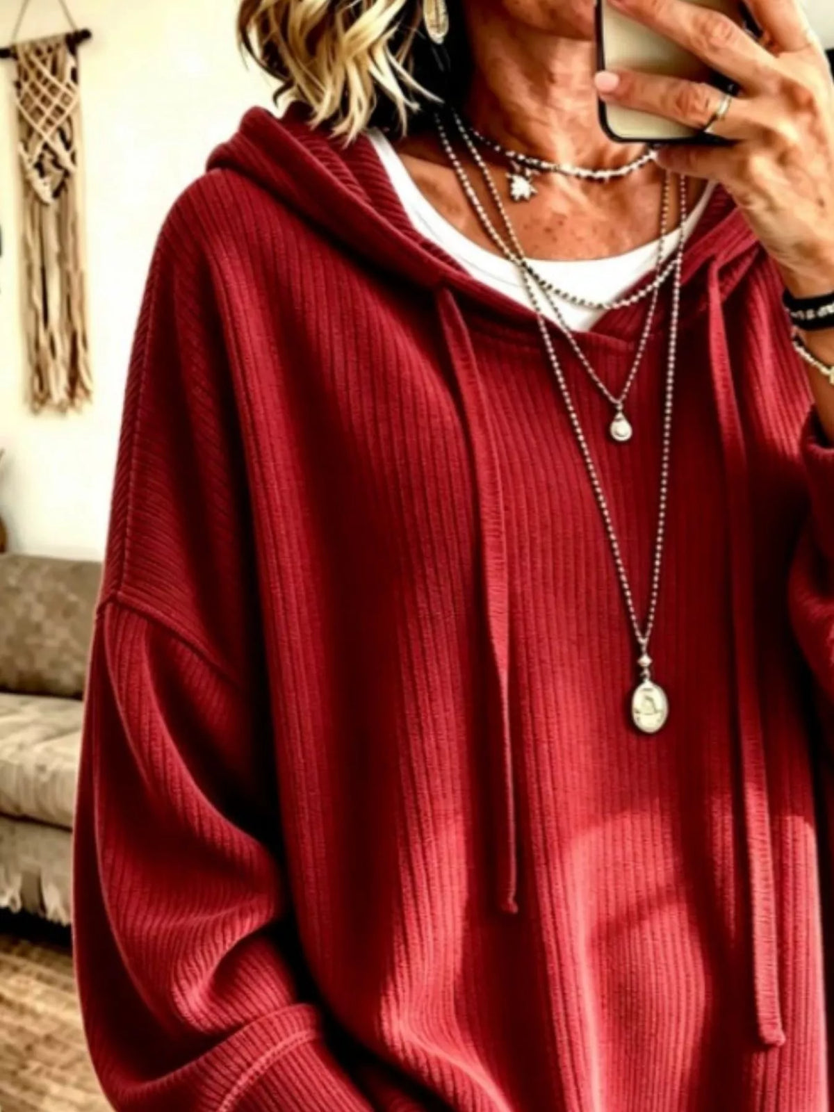 Drawstring Ribbed Knit Hoodie - Lilixa.store