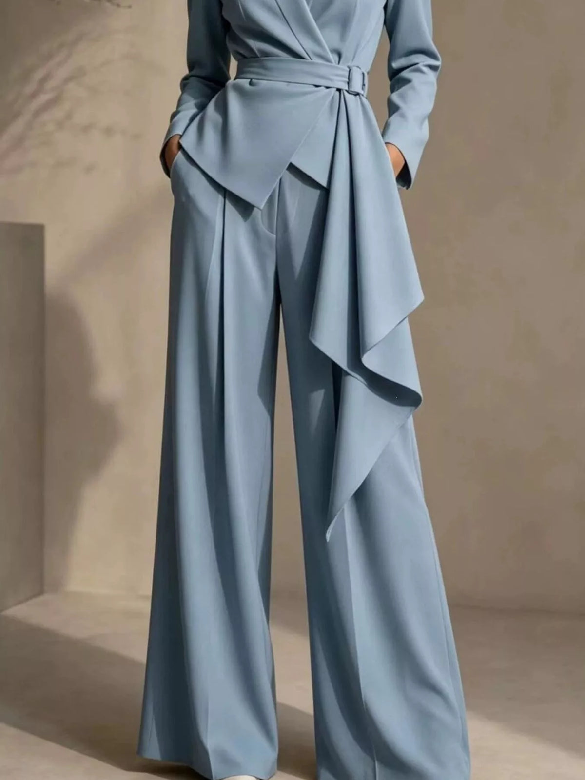 Full Size Belted Blazer and Wide-Leg Pants Set Plus Size - Lilixa.store