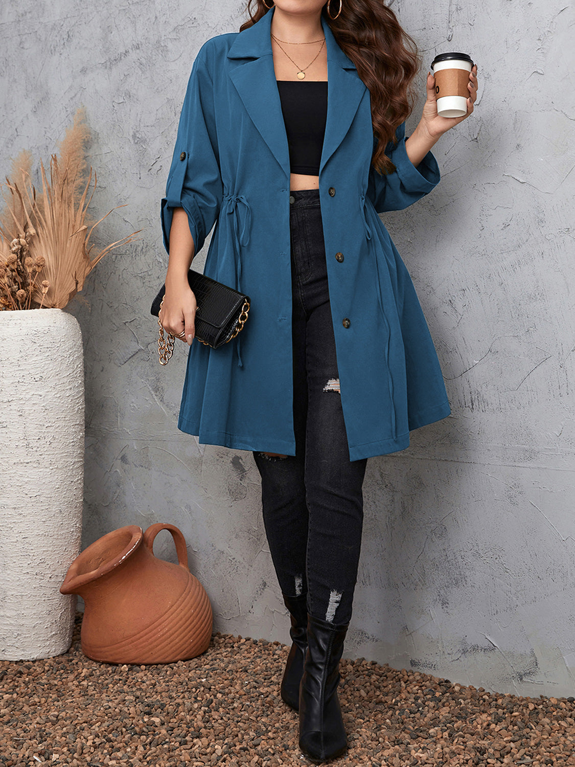 Honey Plus Size Lapel Collar Drawstring Roll-Tab Sleeve Trench Coat - Lilixa.store