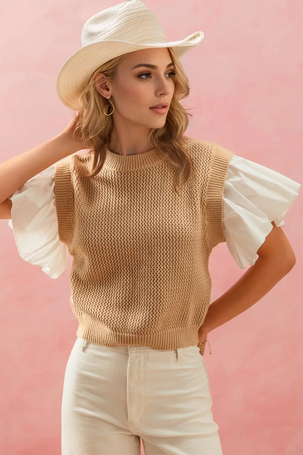 Oh Full Size Ruffled Round Neck Short Sleeve Sweater, view 2