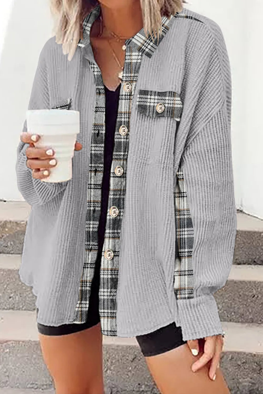 Plaid Button Down Collared Jacket in Light Gray
