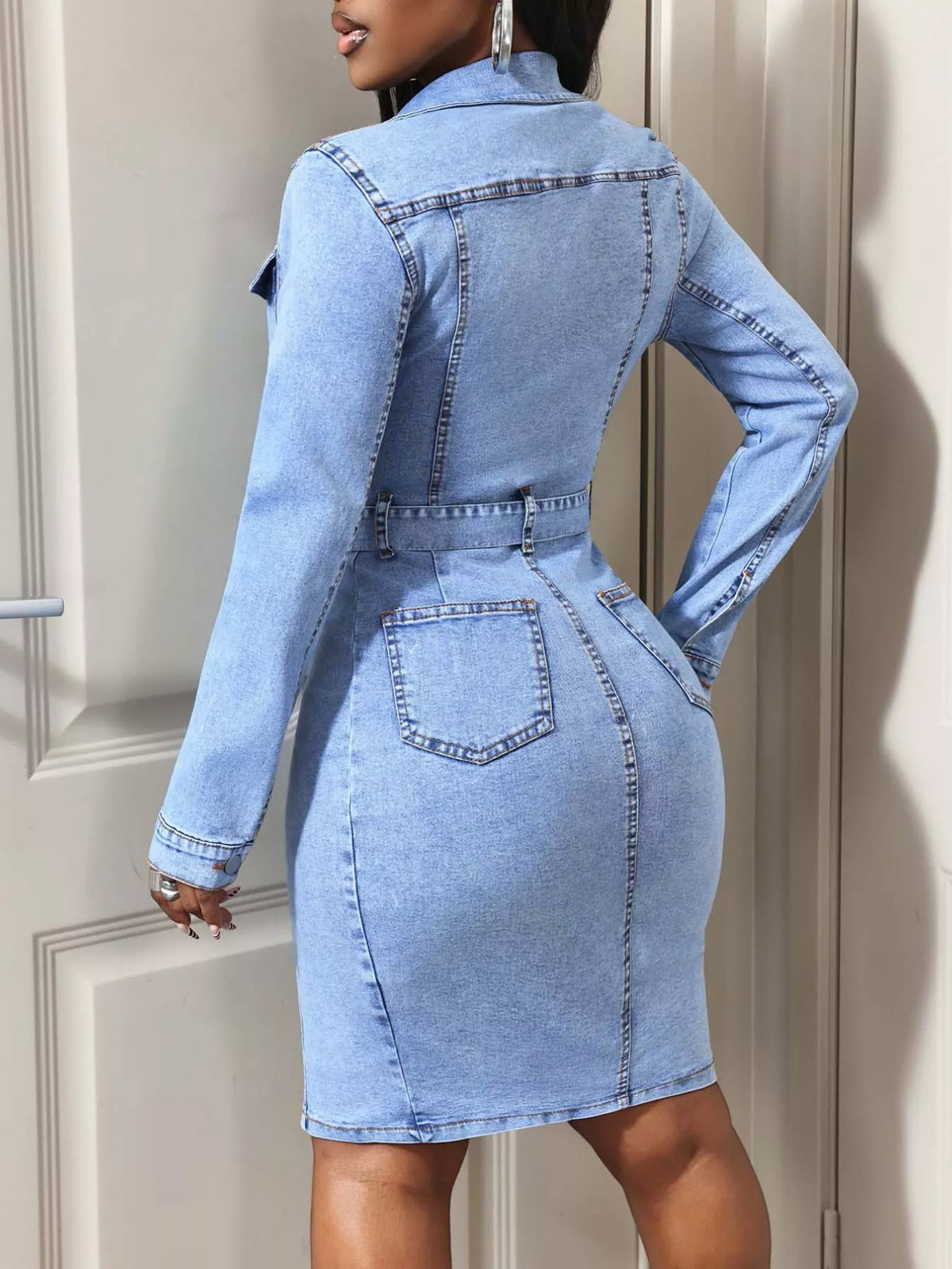 Button-Down Tie Waist Denim Dress