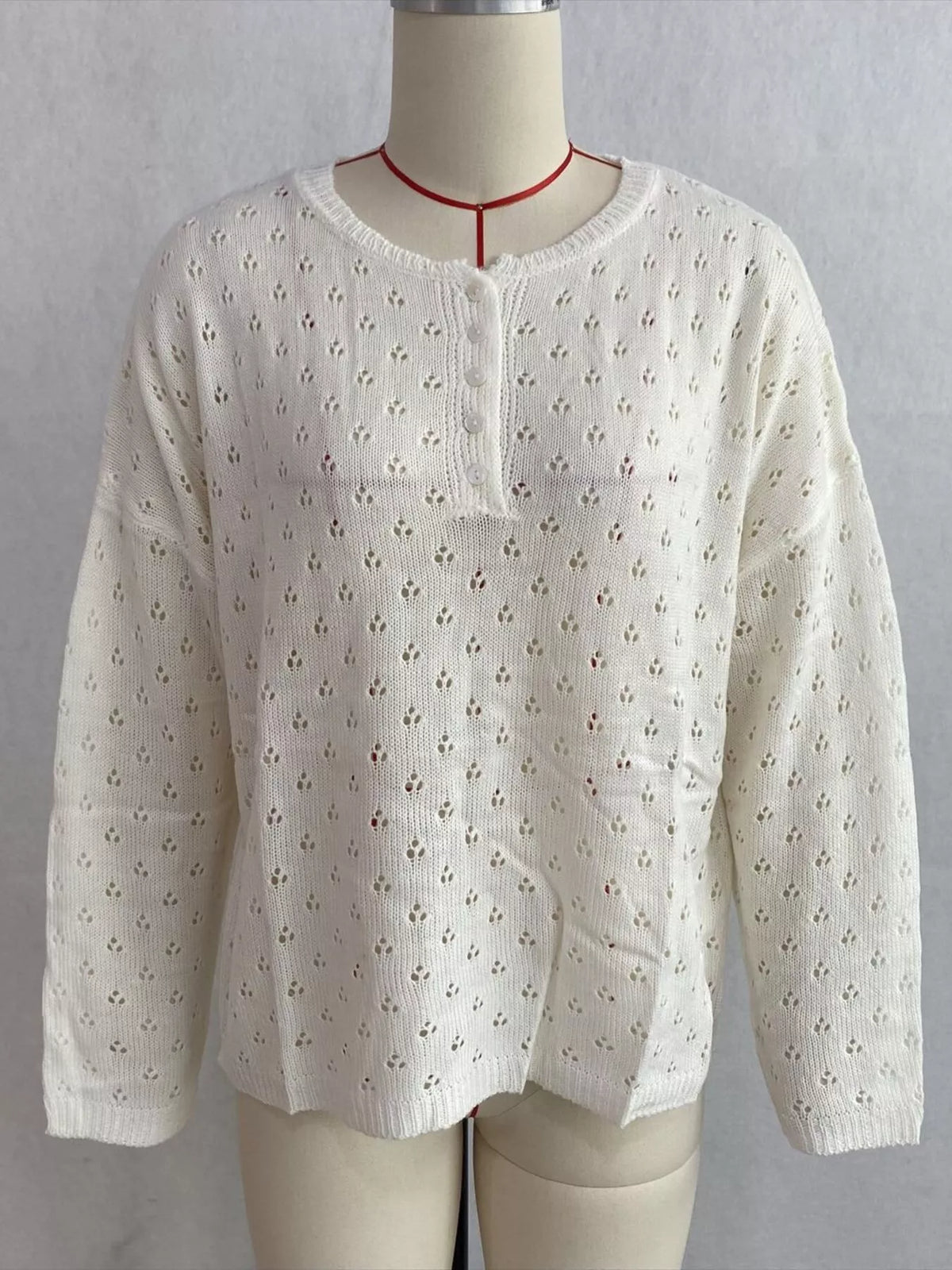 Pointelle Button-Front Round Neck Knit Top, view 5