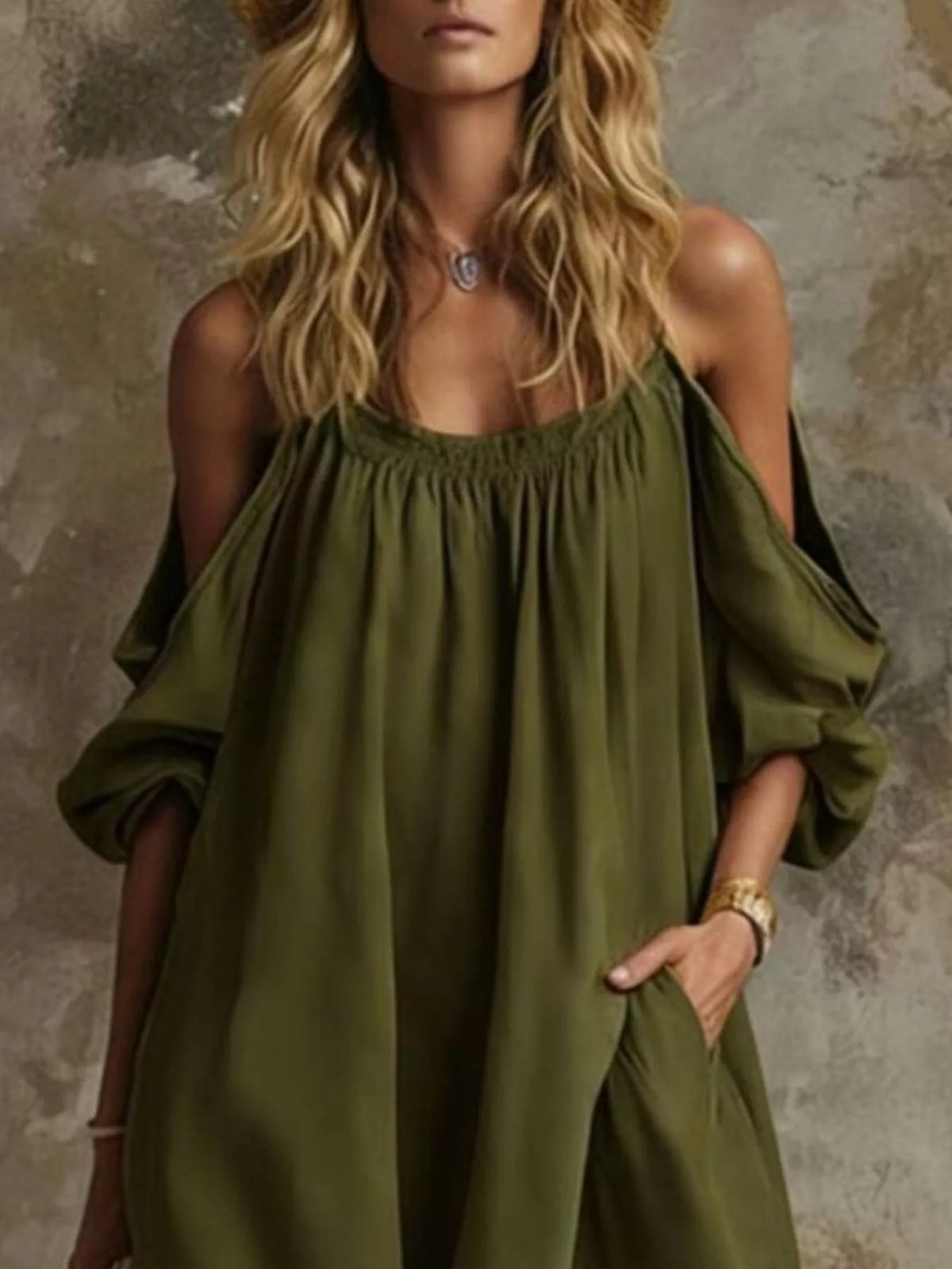 Full Size Cold-Shoulder Linen Maxi Dress Plus Size - Lilixa.store