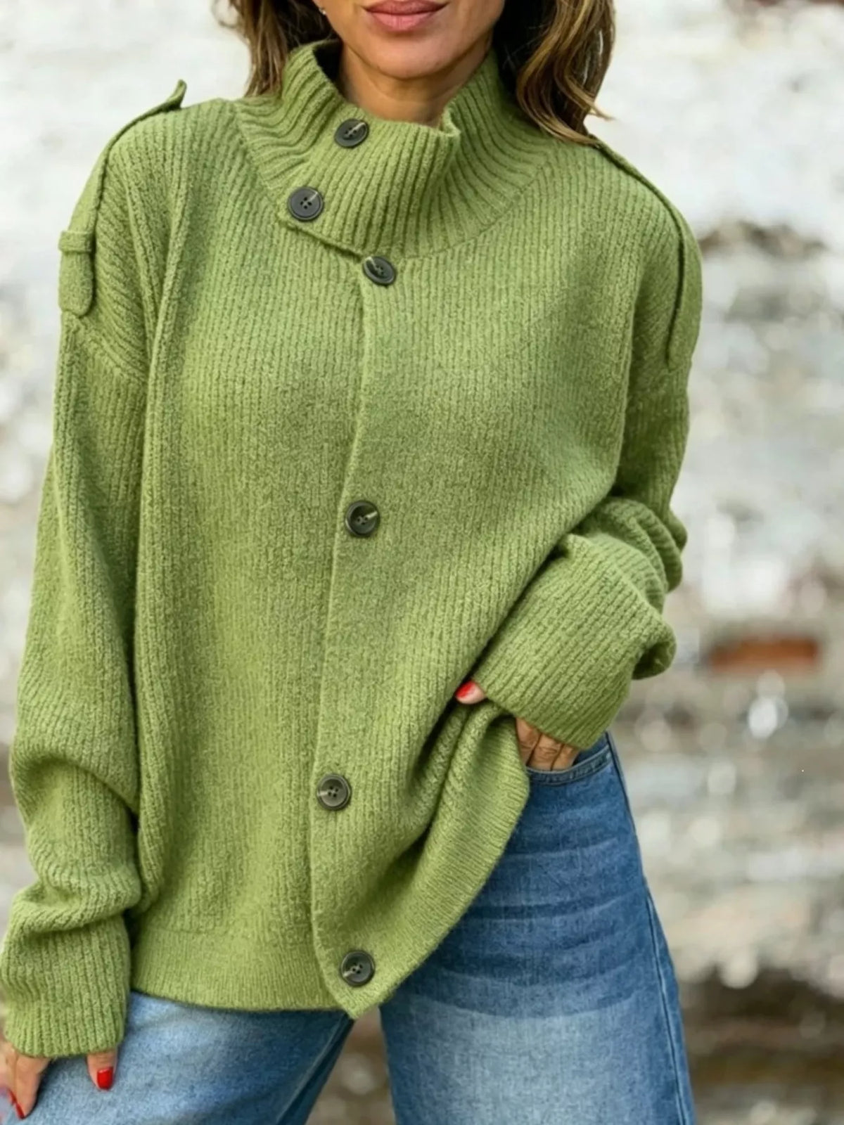 Full Size Button-Up Mock Neck Cardigan Plus Size - Lilixa.store