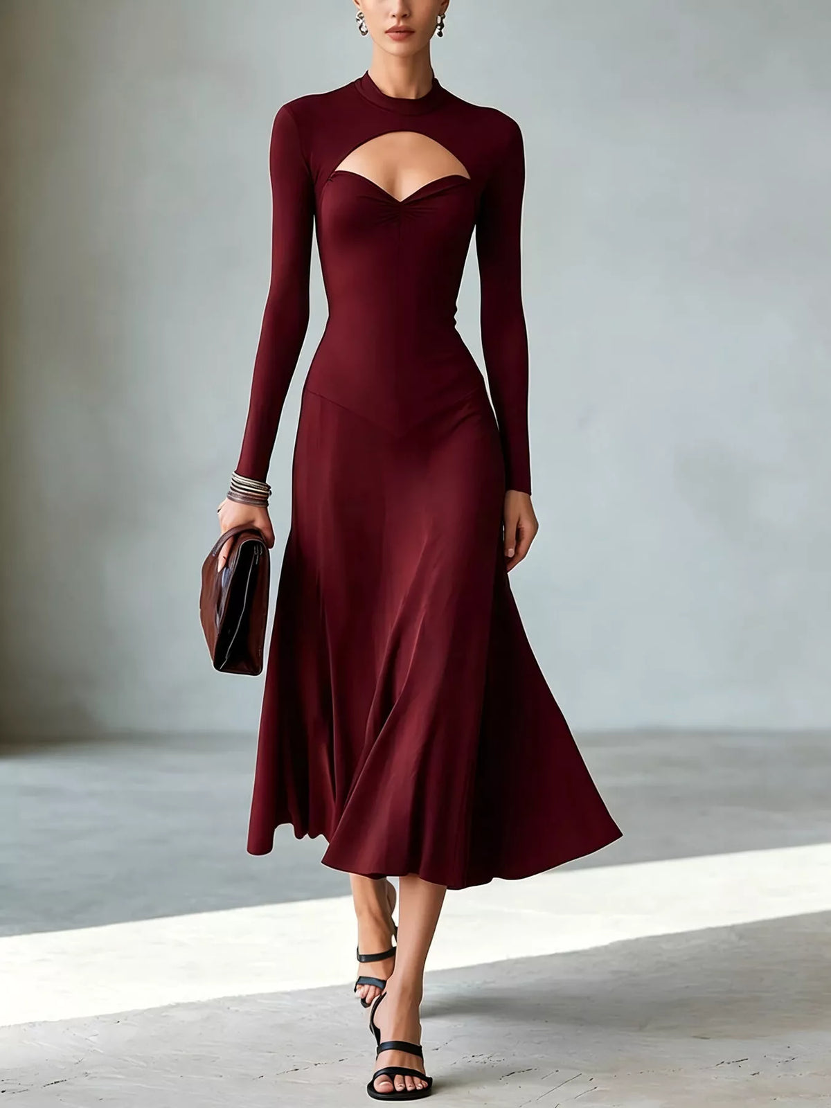 Full Size Mock Neck Cut-Out Long Sleeve Midi Dress Plus Size - Lilixa.store