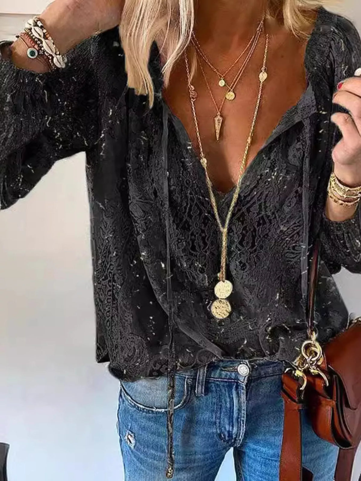 Lace Tie-Neck Blouse - Lilixa.store