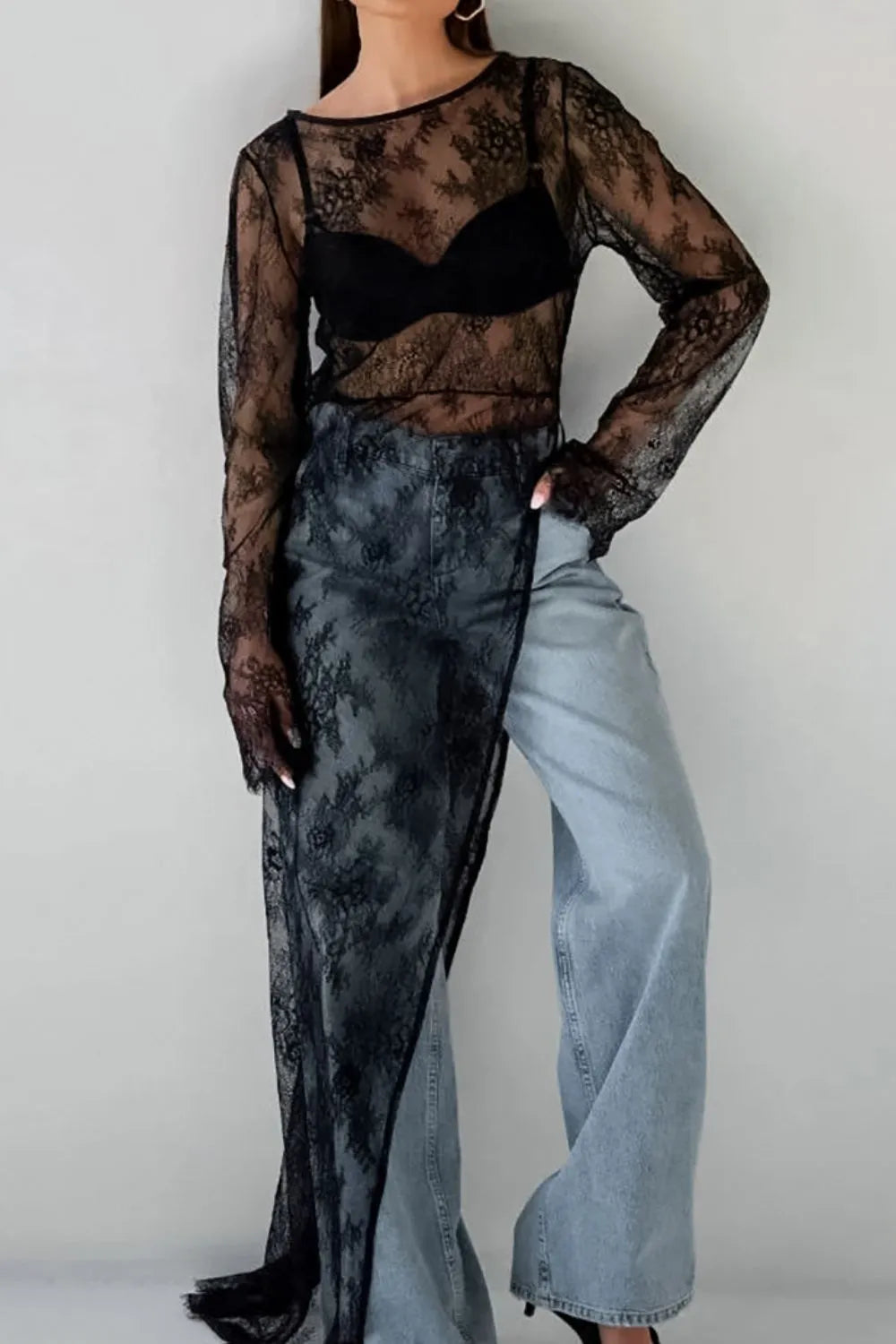 Fringe Round Neck Long Sleeve Lace Sheer Top - Lilixa.store