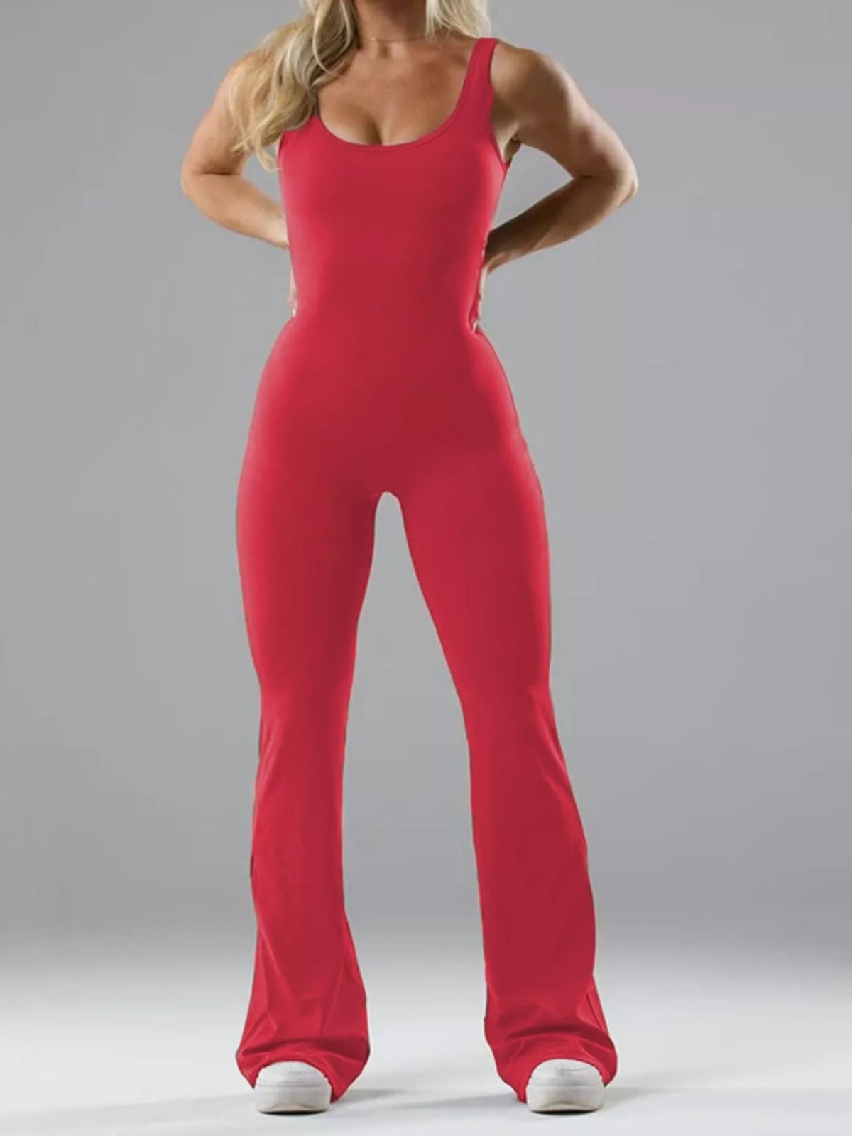 Seamless Scoop Neck Active Jumpsuit with Flared Leg Design, view 10