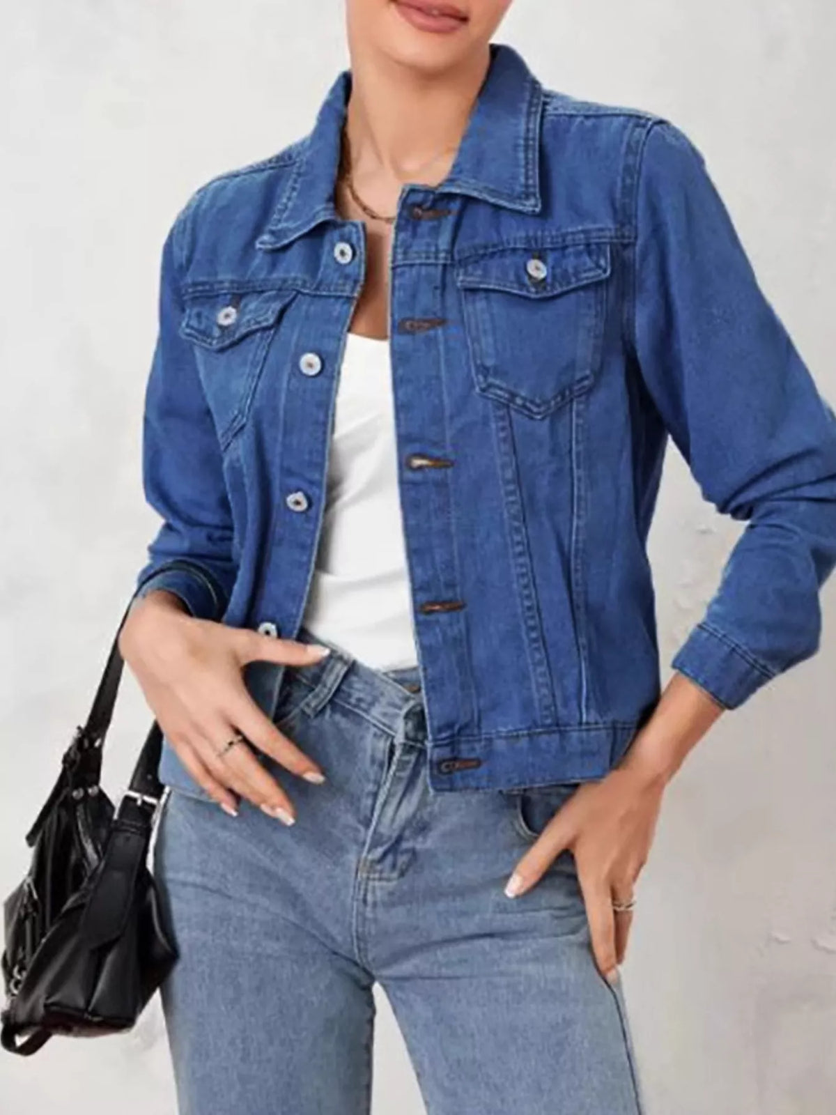 Button Up Long Sleeve Denim Jacket in Dark Blue