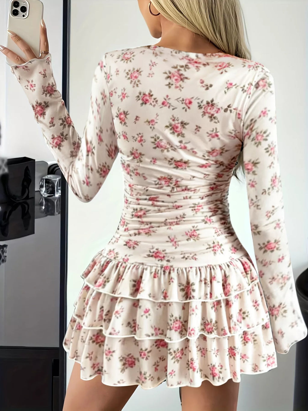 Long Sleeve Ruffled Hem Mini Dress - Lilixa.store
