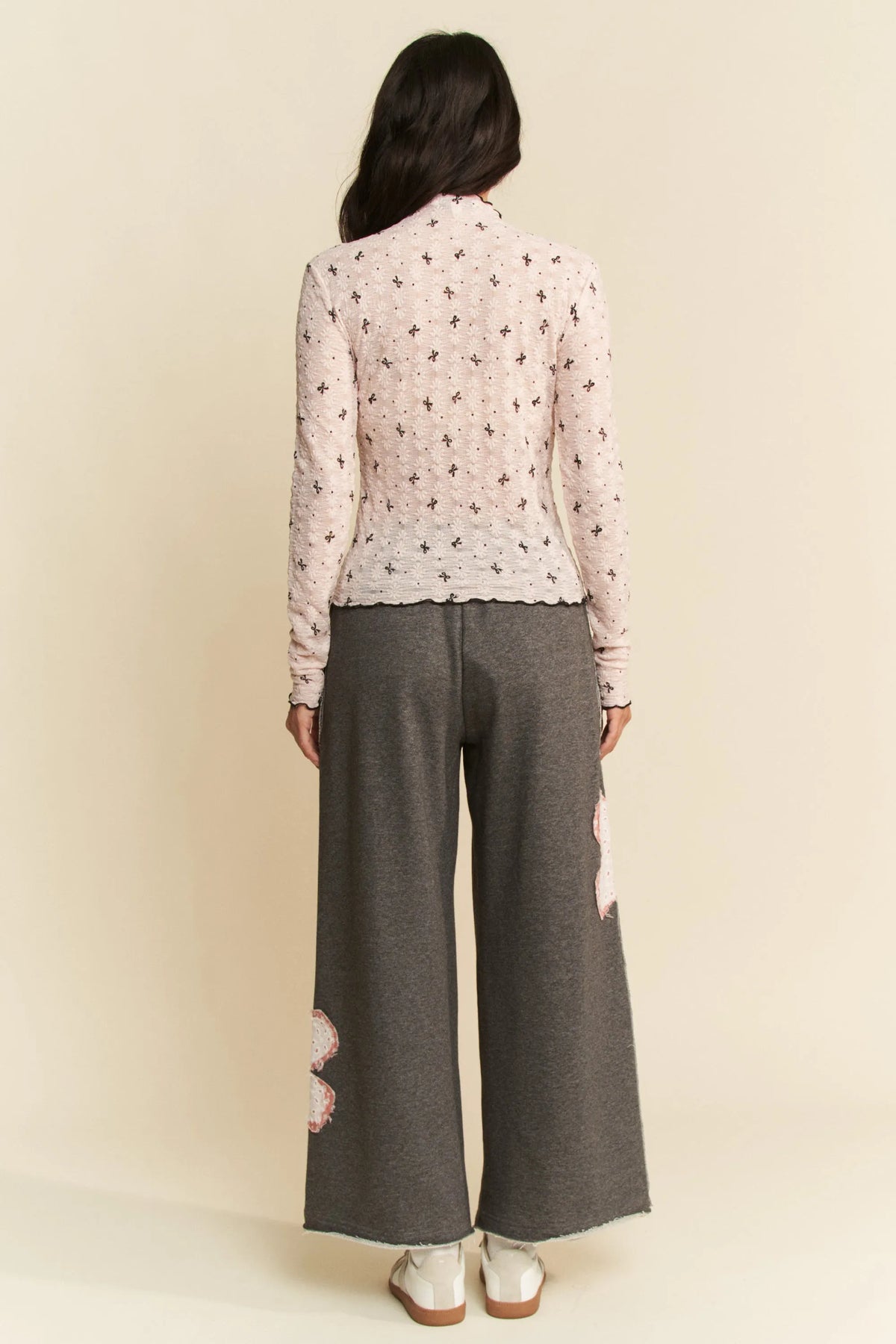 Davi & Dani Ribbon Bow Lace Hem Long Sleeve Mesh Layering Top - Lilixa.store