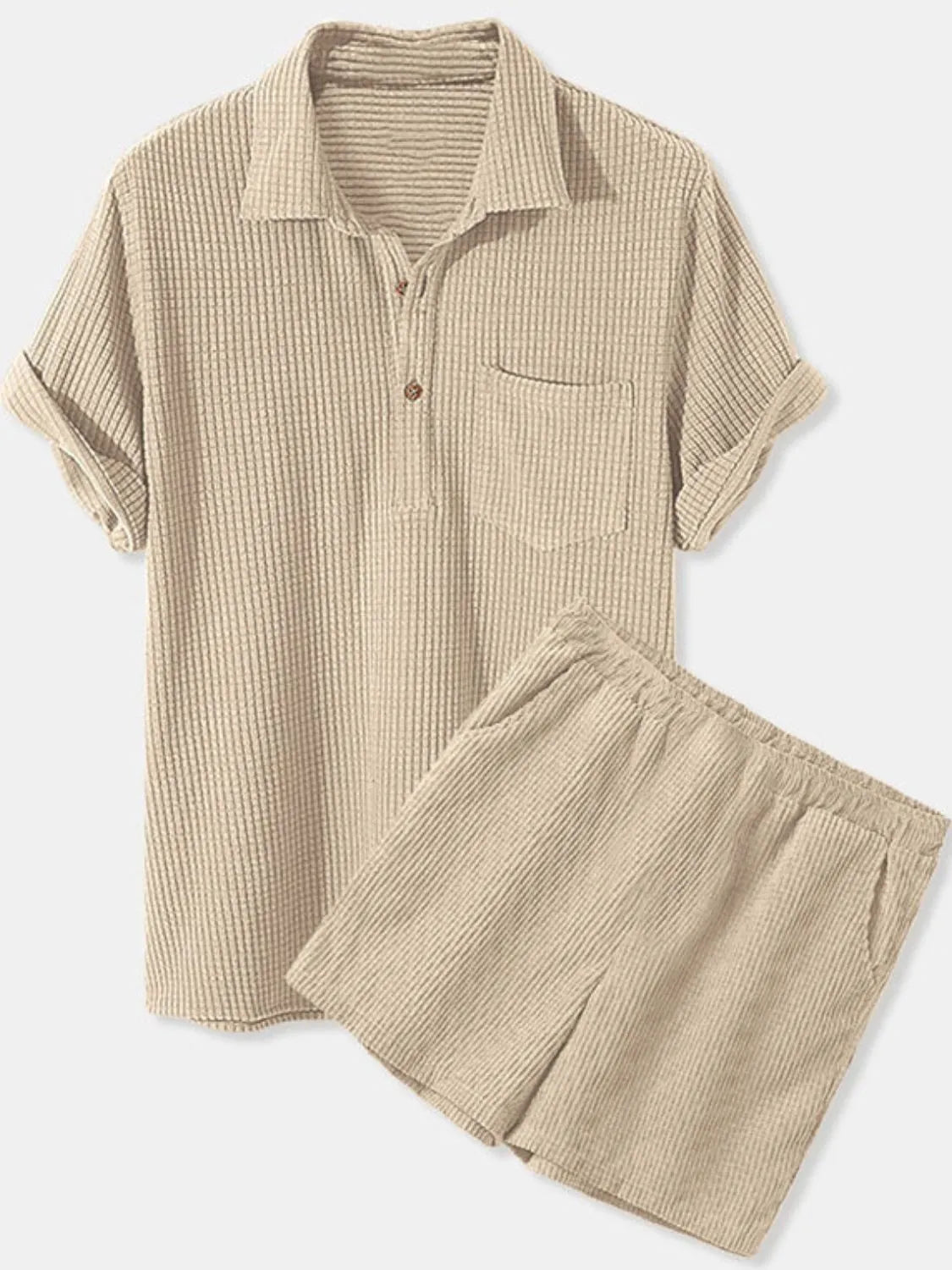Men's Full Size Button Detail Short Sleeve Top and Shorts Set Plus Size in Apricot