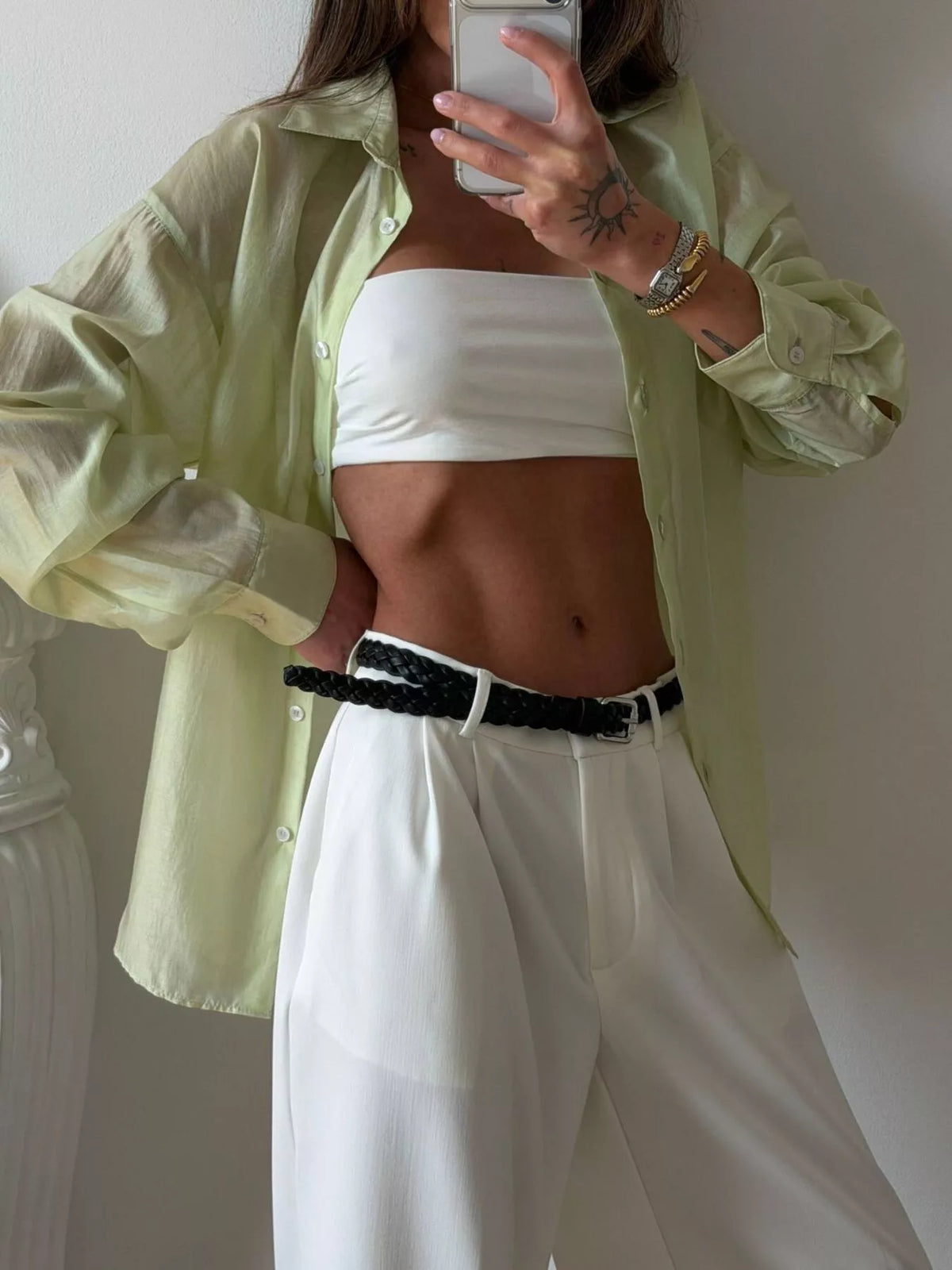 Sheer Oversized Button-Up Shirt, view 4