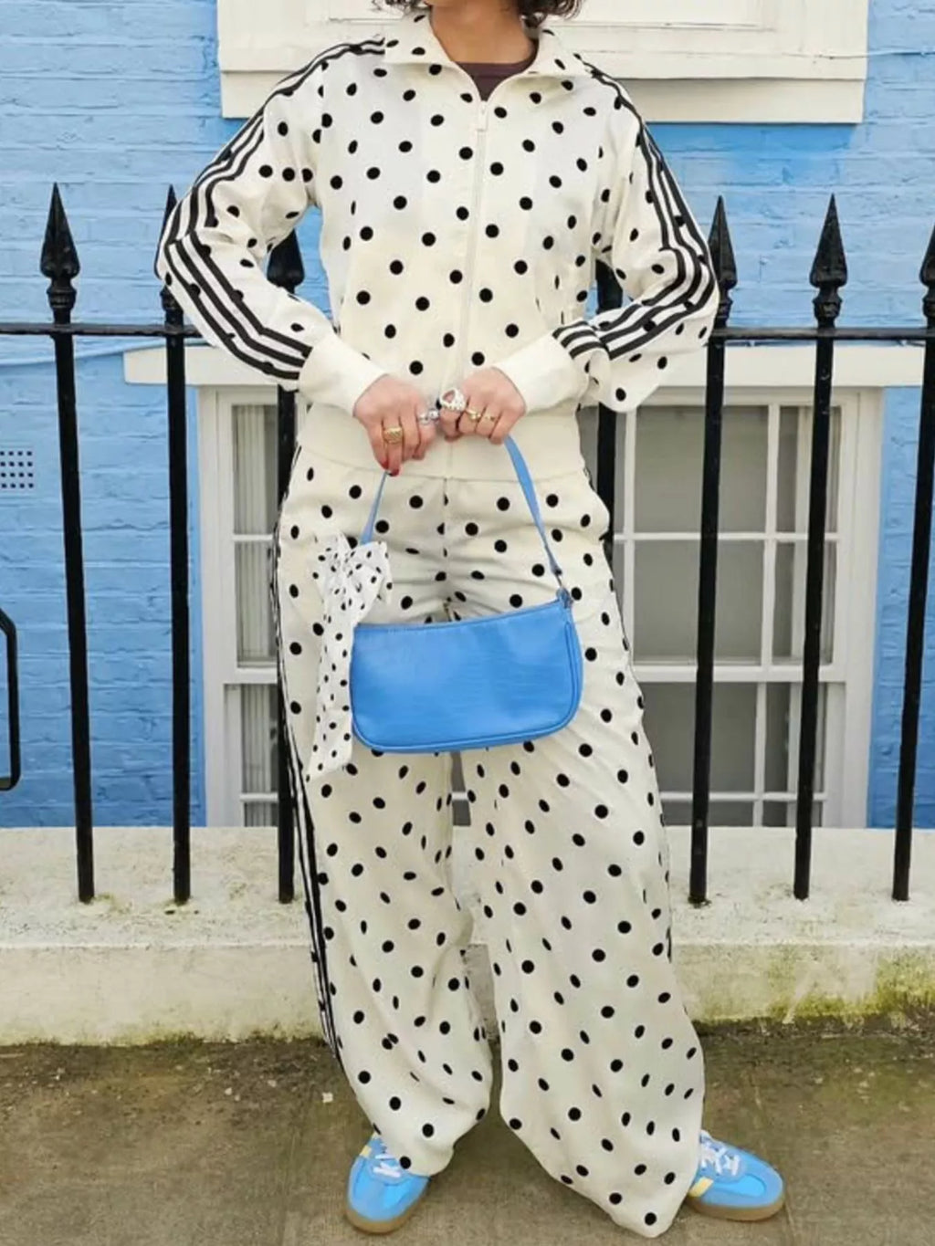 Polka Dot Side Striped Outerwear and Pants Set - Lilixa.store