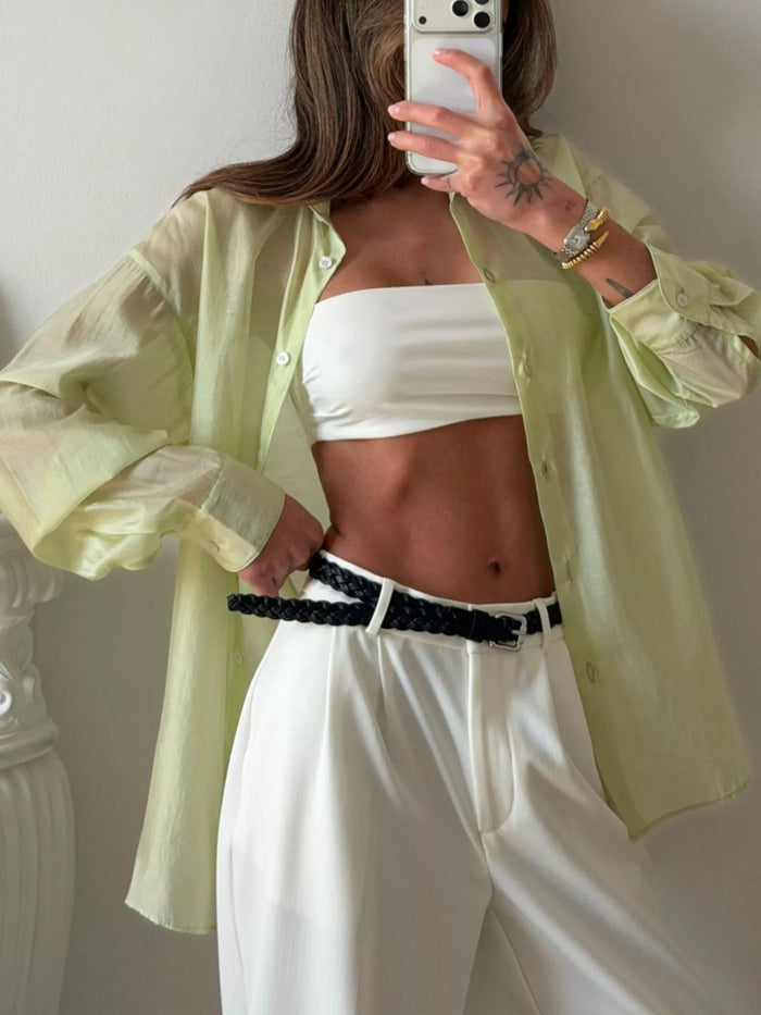 Sheer Oversized Button-Up Shirt in Gum Leaf