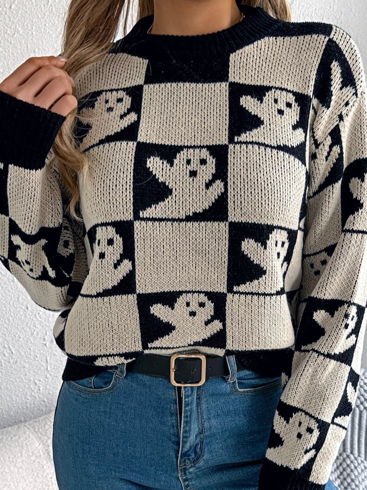 Checkerboard Halloween Graphic Sweater - Lilixa.store