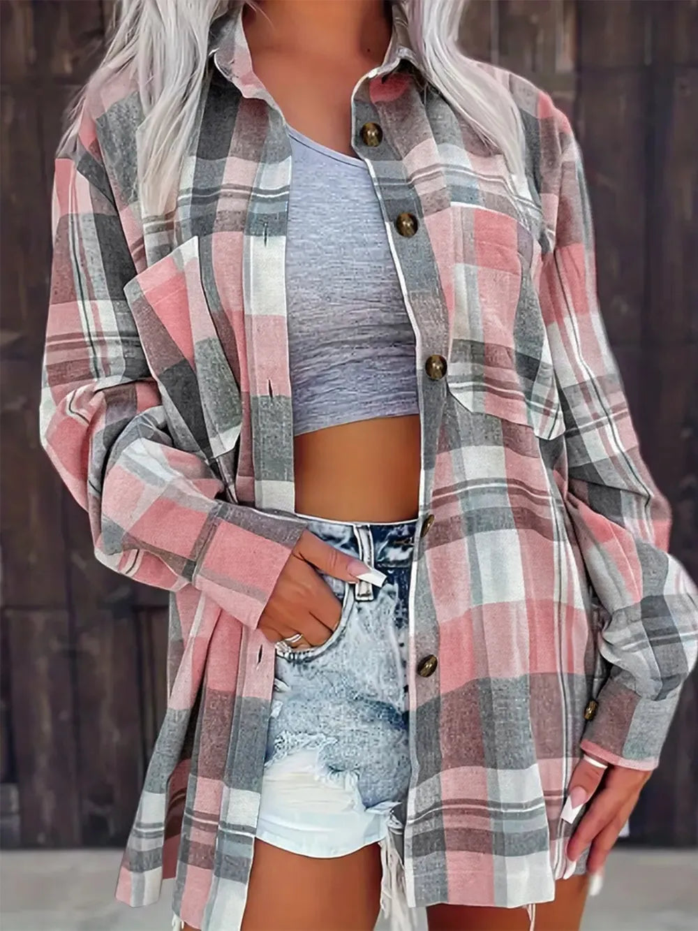 Pocketed Plaid Collared Neck Shacket in Dusty Pink
