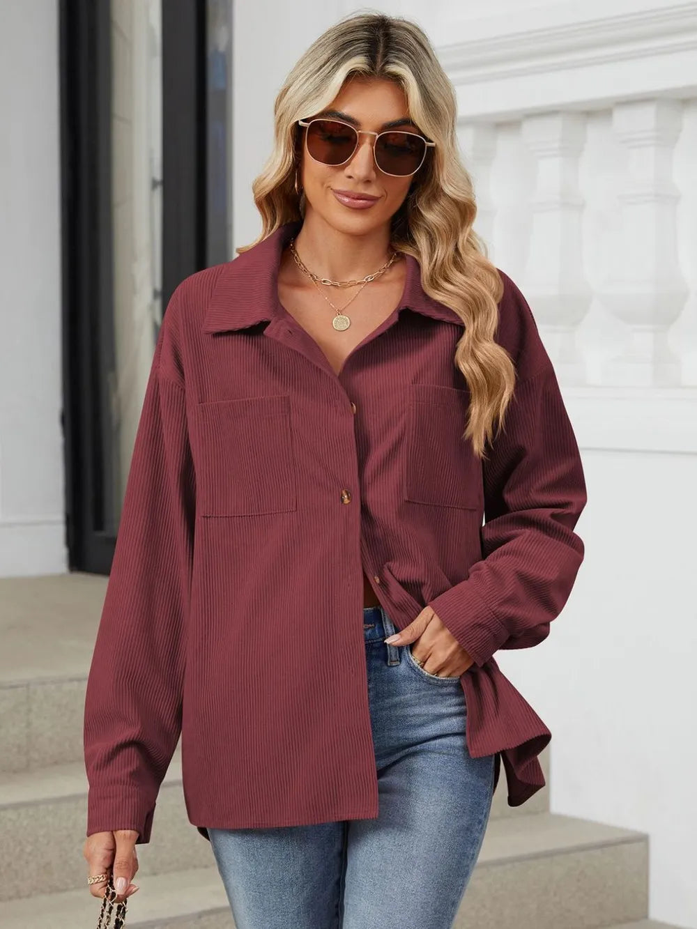 Button Up Dropped Shoulder Long Sleeve Outerwear - Lilixa.store