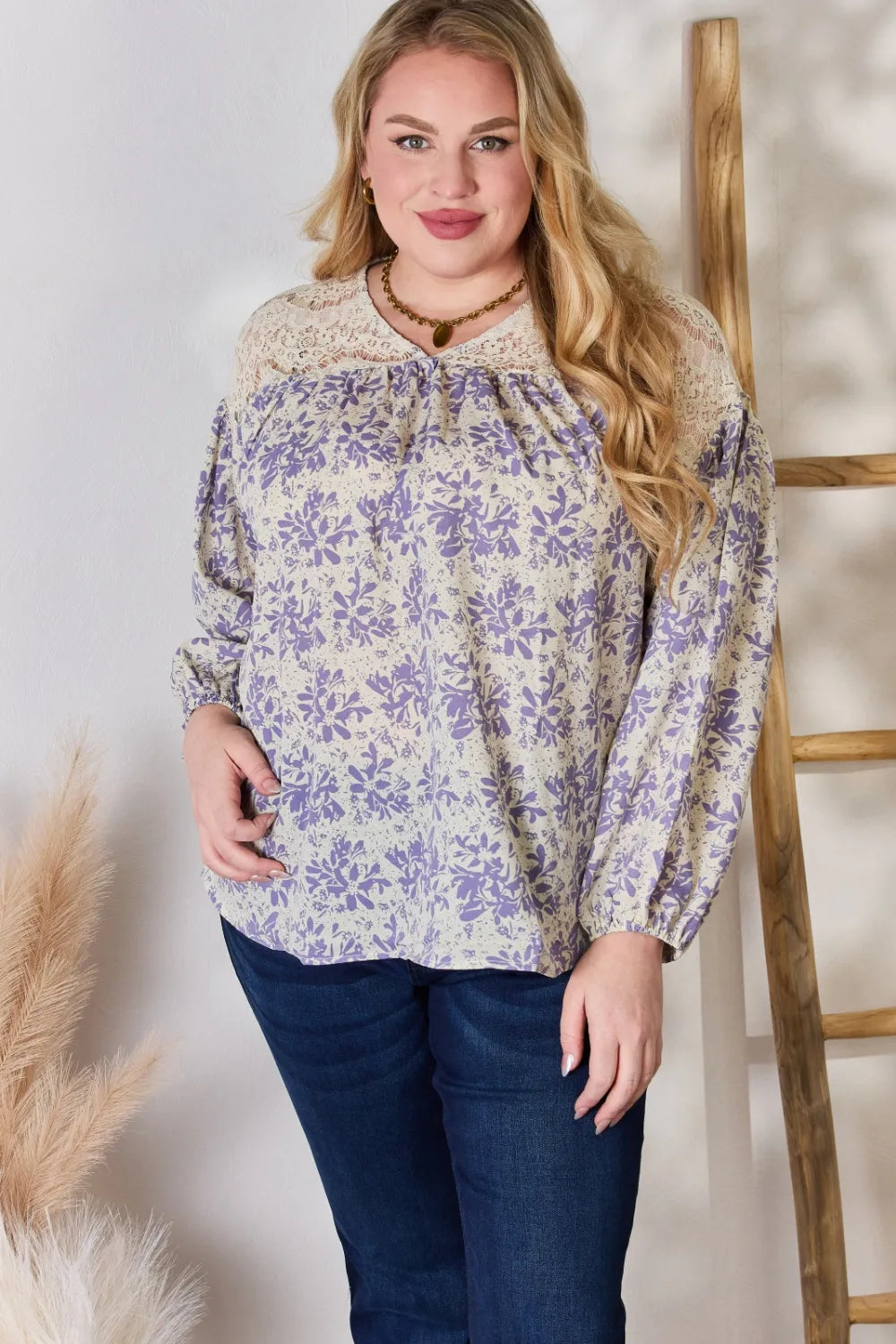 Hailey & Co Full Size Lace Detail Printed Blouse - Lilixa.store