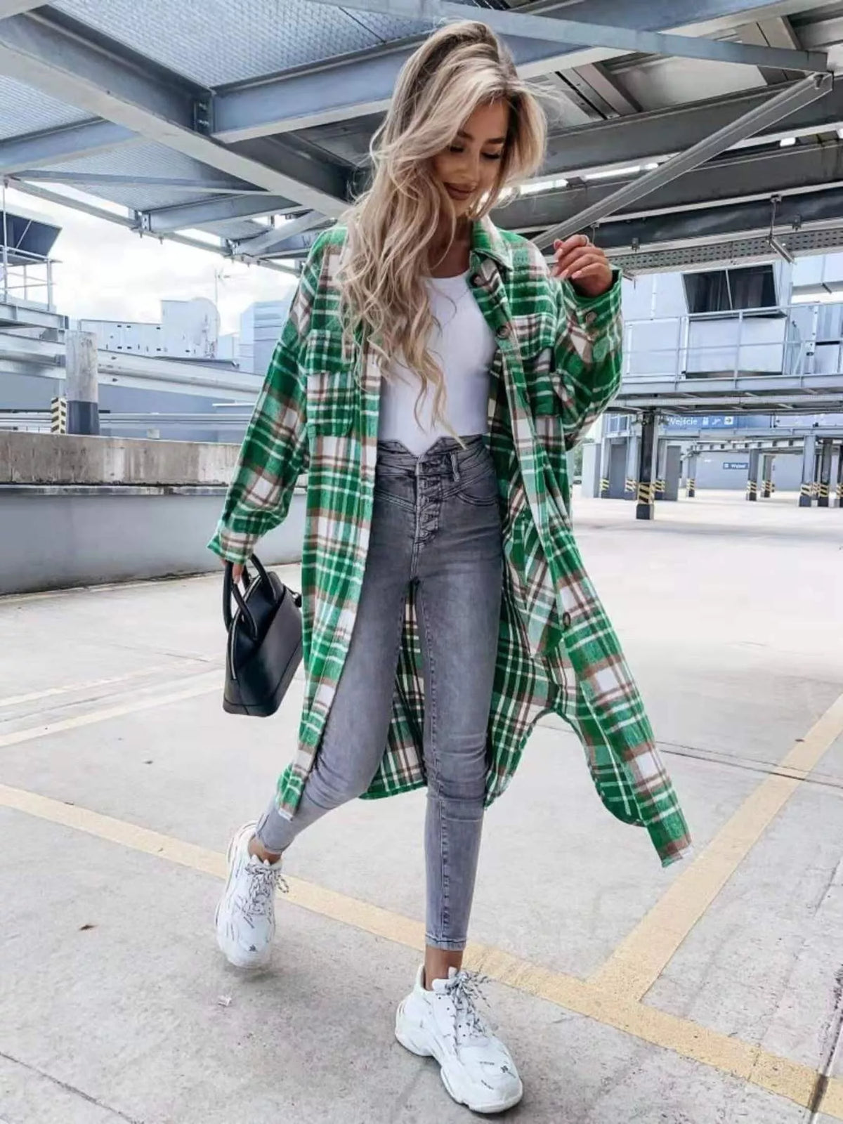 Plaid Button Up Longline Shacket, view 15