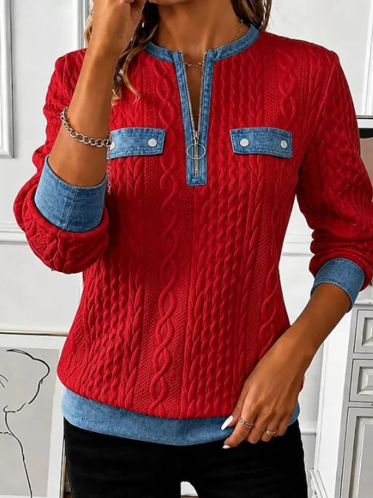 Full Size Denim Contrast Trim Quarter Zip Texture Sweatshirt Plus Size - Lilixa.store