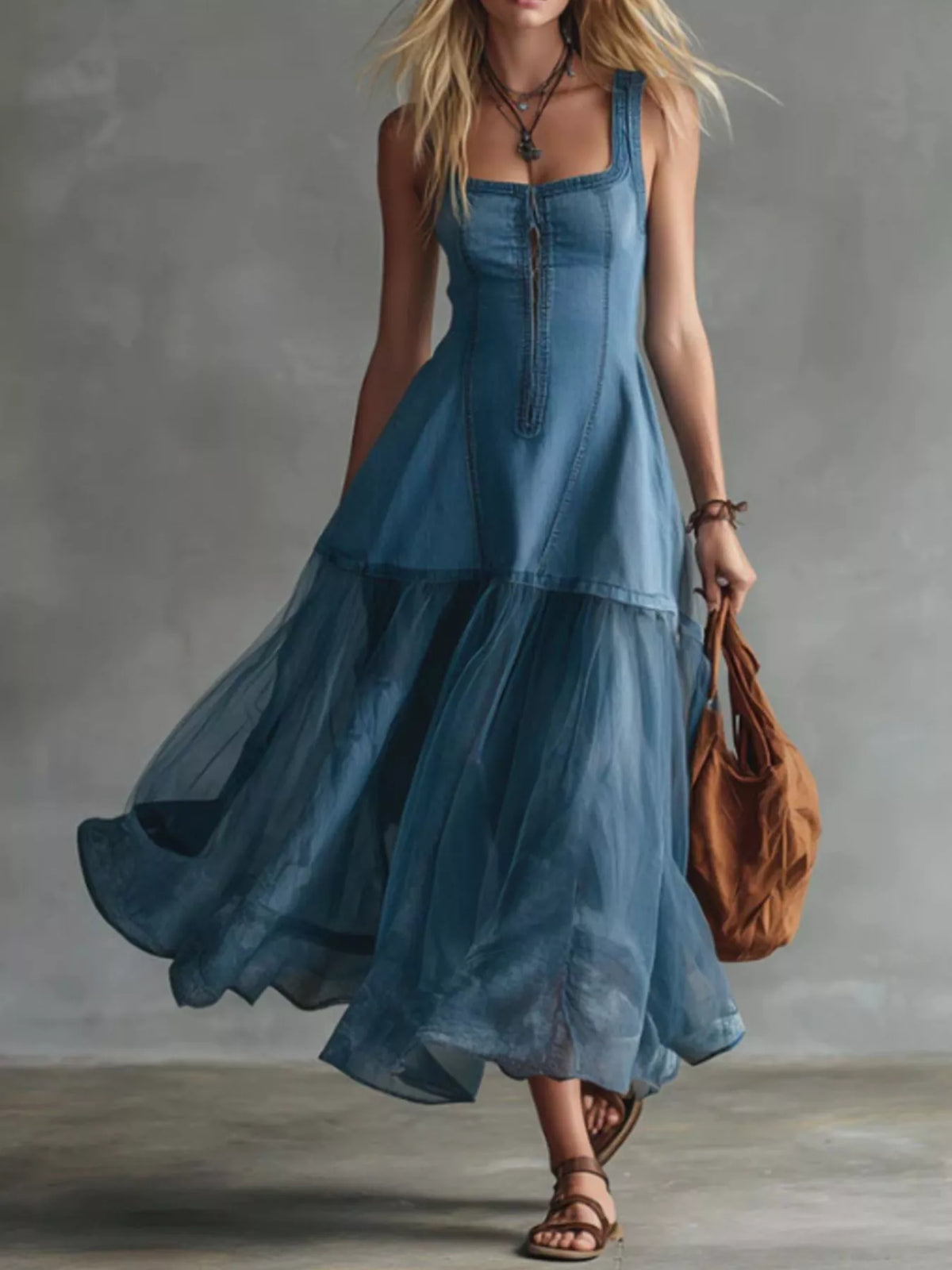 Sleeveless Tulle Patchwork Denim Dress - Lilixa.store