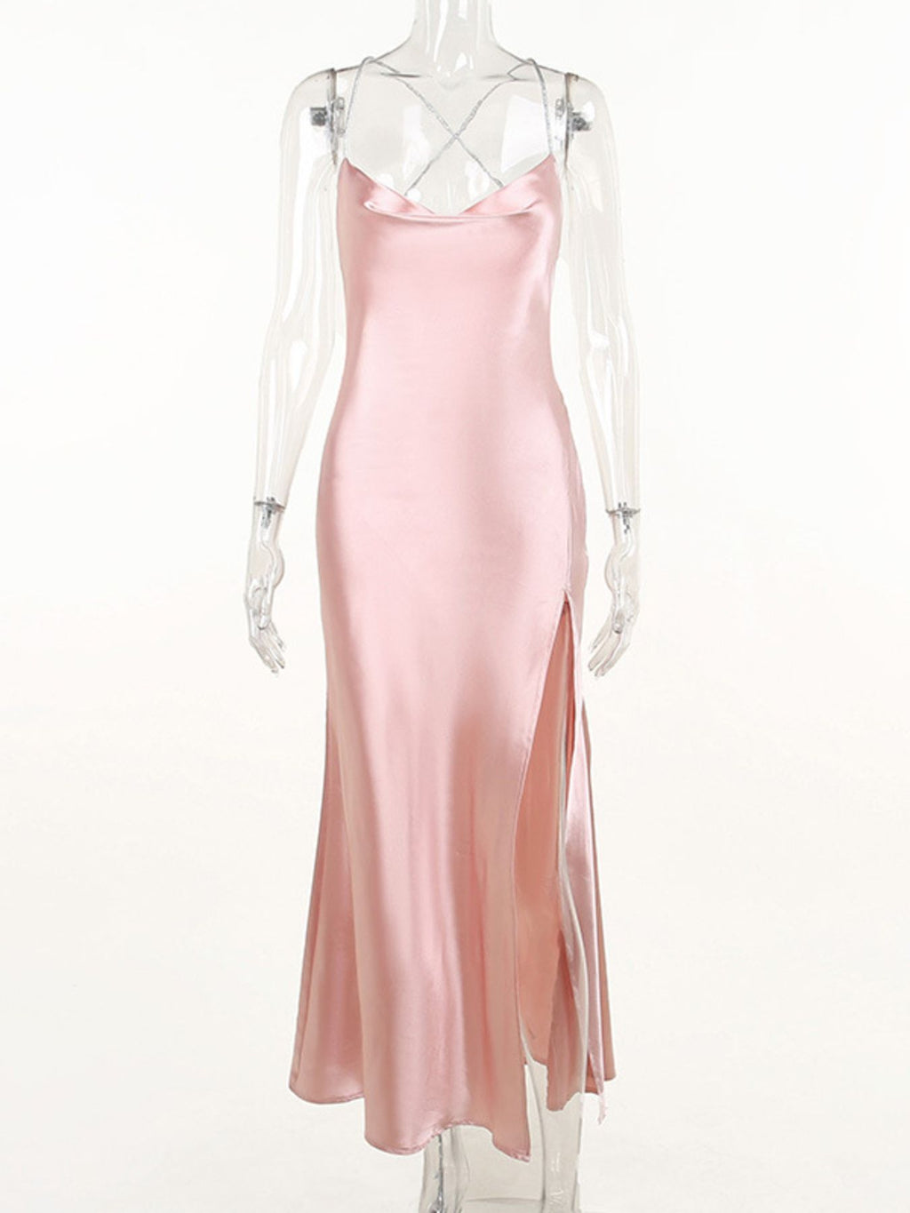 Slinky Satin Cowl Neck High Slit Dress with Back Lace Up - Lilixa.store