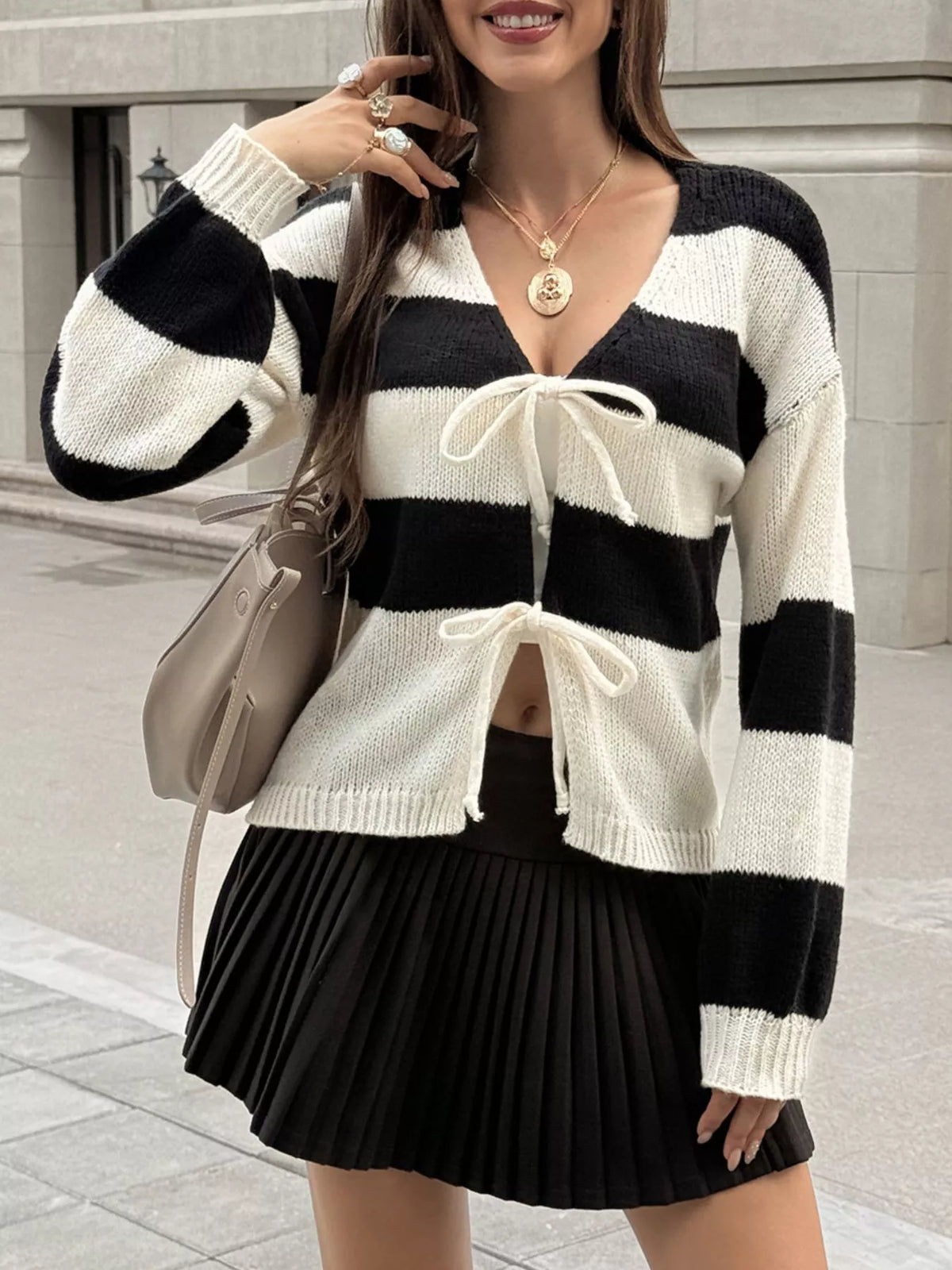 Striped Tie-Front Knit Cardigan - Lilixa.store