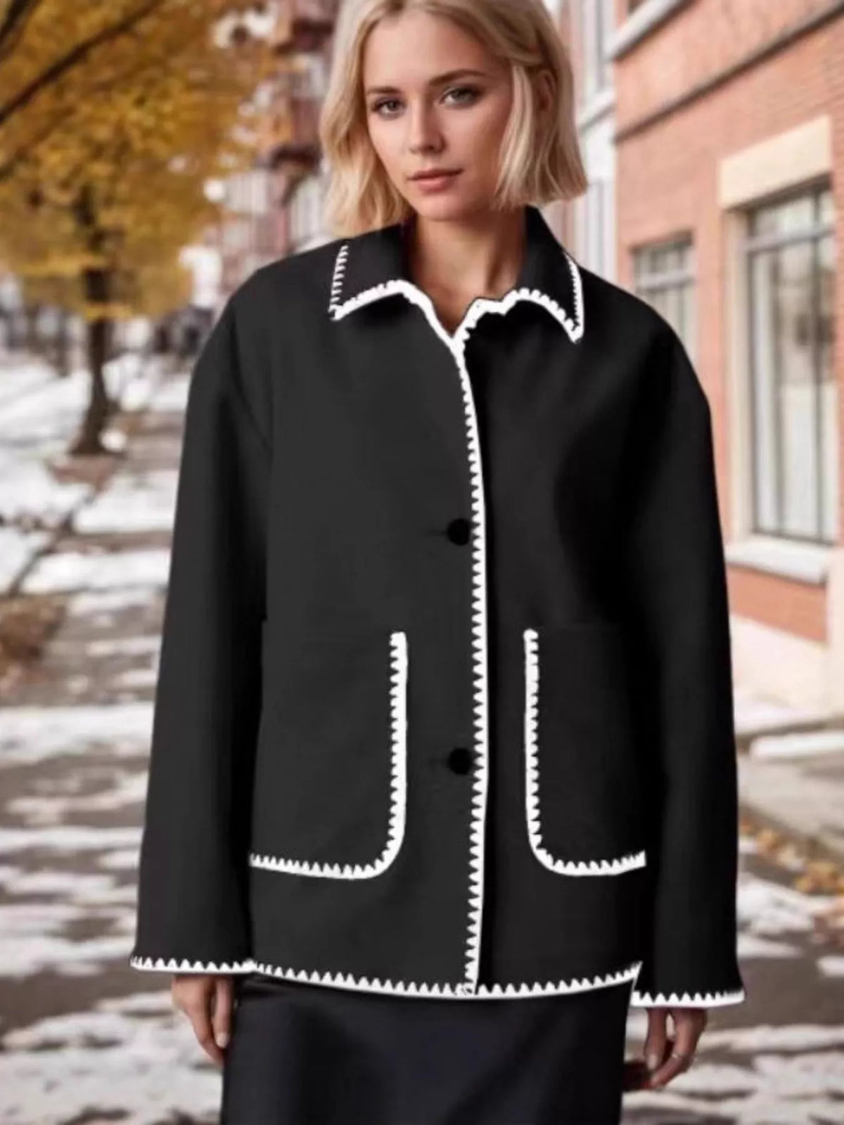 Contrast Trim Drop Shoulder Outerwear - Lilixa.store