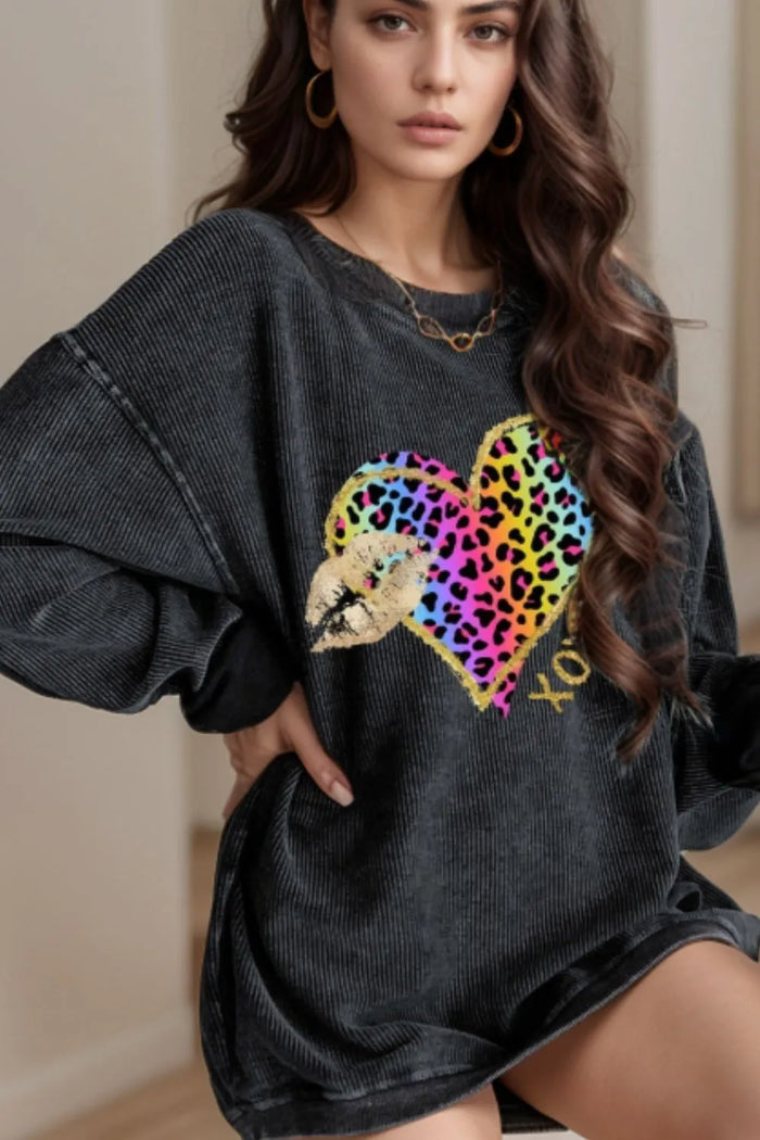 Leopard Heart Drop Shoulder Long Sleeve Sweatshirt - Lilixa.store