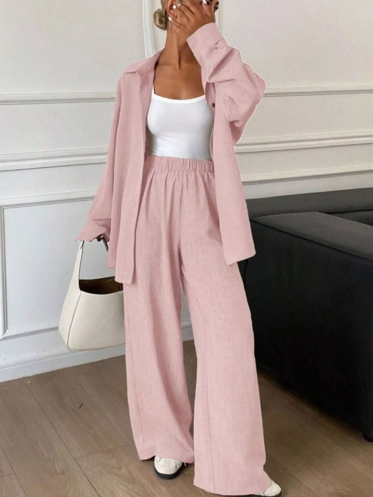 Button-Down Shirt and Wide-Leg Pants Set, view 25