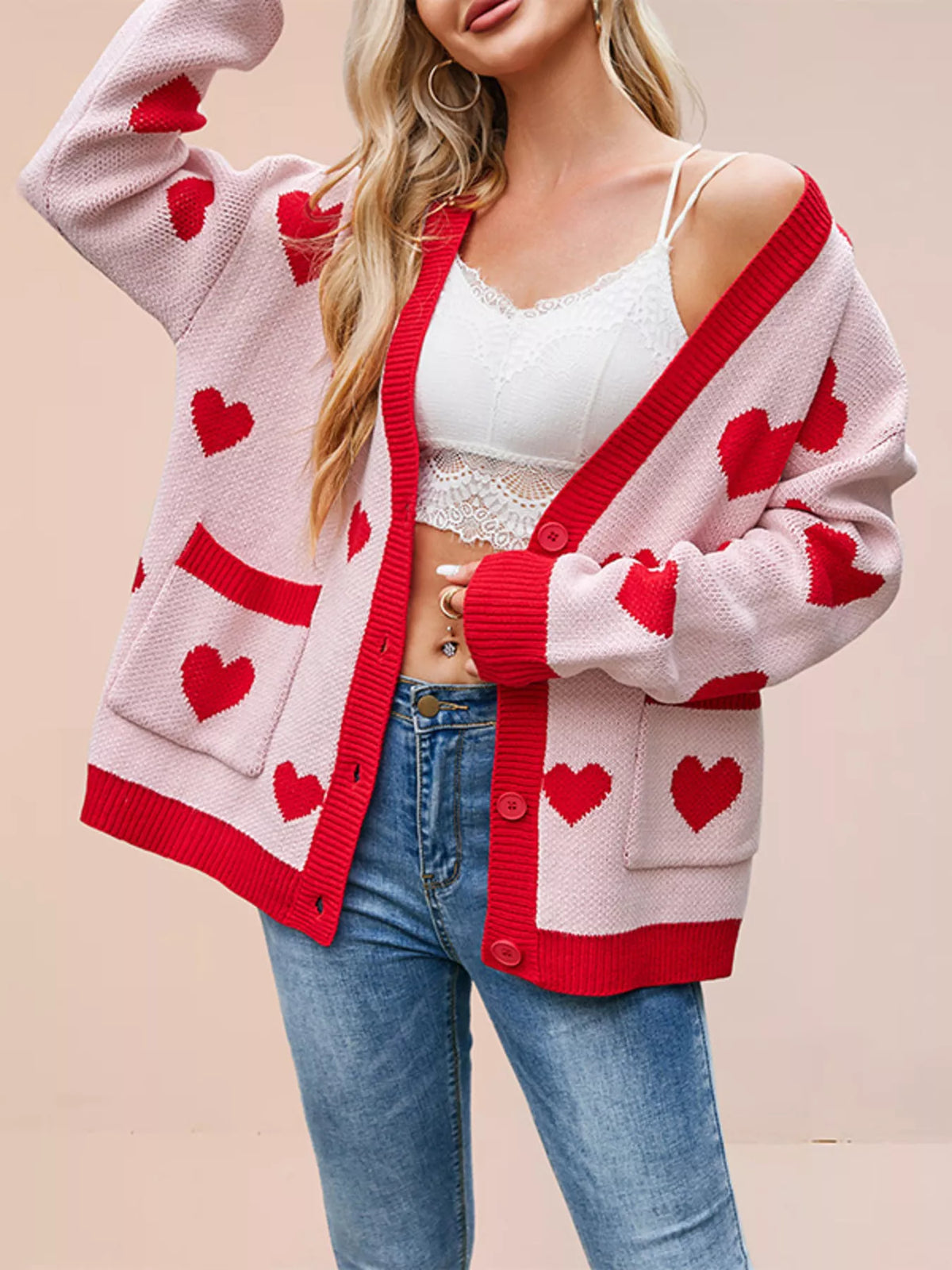 Heart Pattern V-Neck Button-Down Knit Cardigan - Lilixa.store