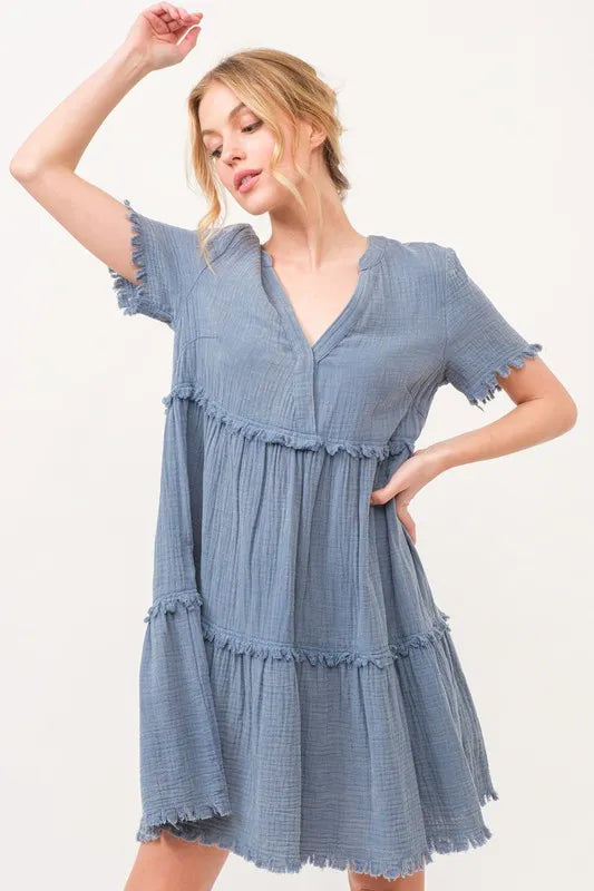 And The Why Washed Frayed Detail Tiered Dress - Lilixa.store