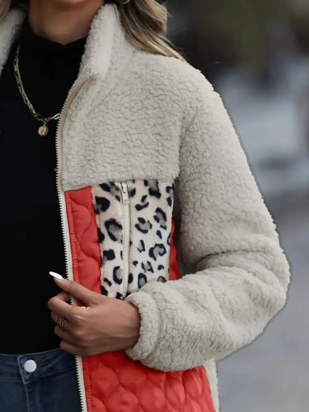 Leopard Color Block Zip-Up Jacket, view 12