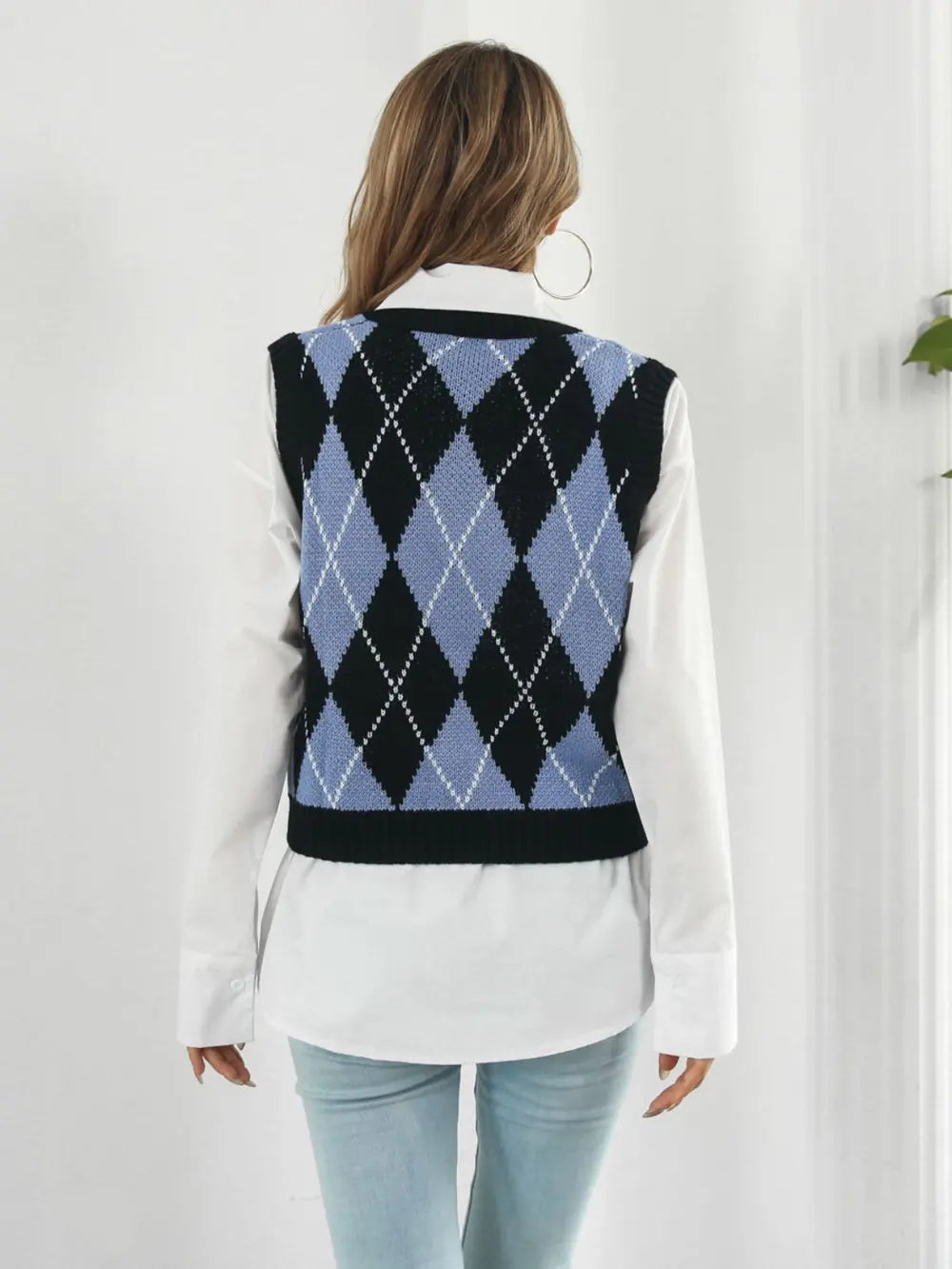 Skull Geometric V-Neck Sweater Vest in Black, view 2