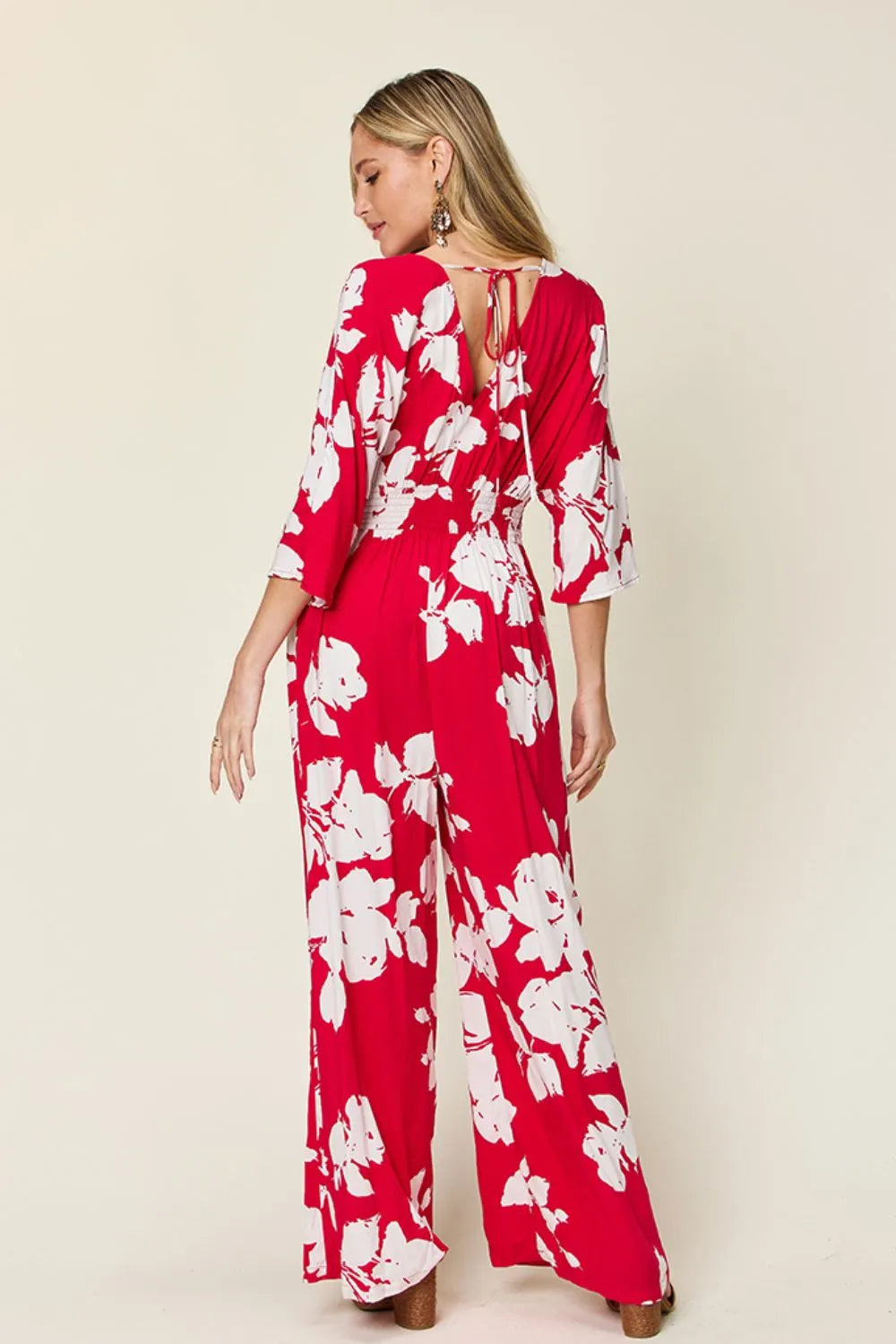 Double Take Full Size Printed Tie Back Wide Leg Jumpsuit - Lilixa.store