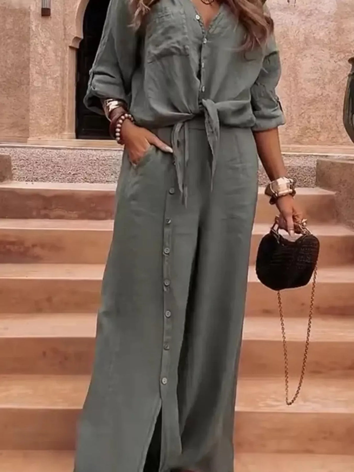 Full Size Tie-Front Shirt and Button-Down Wide-Leg Pants Set Plus Size, view 4