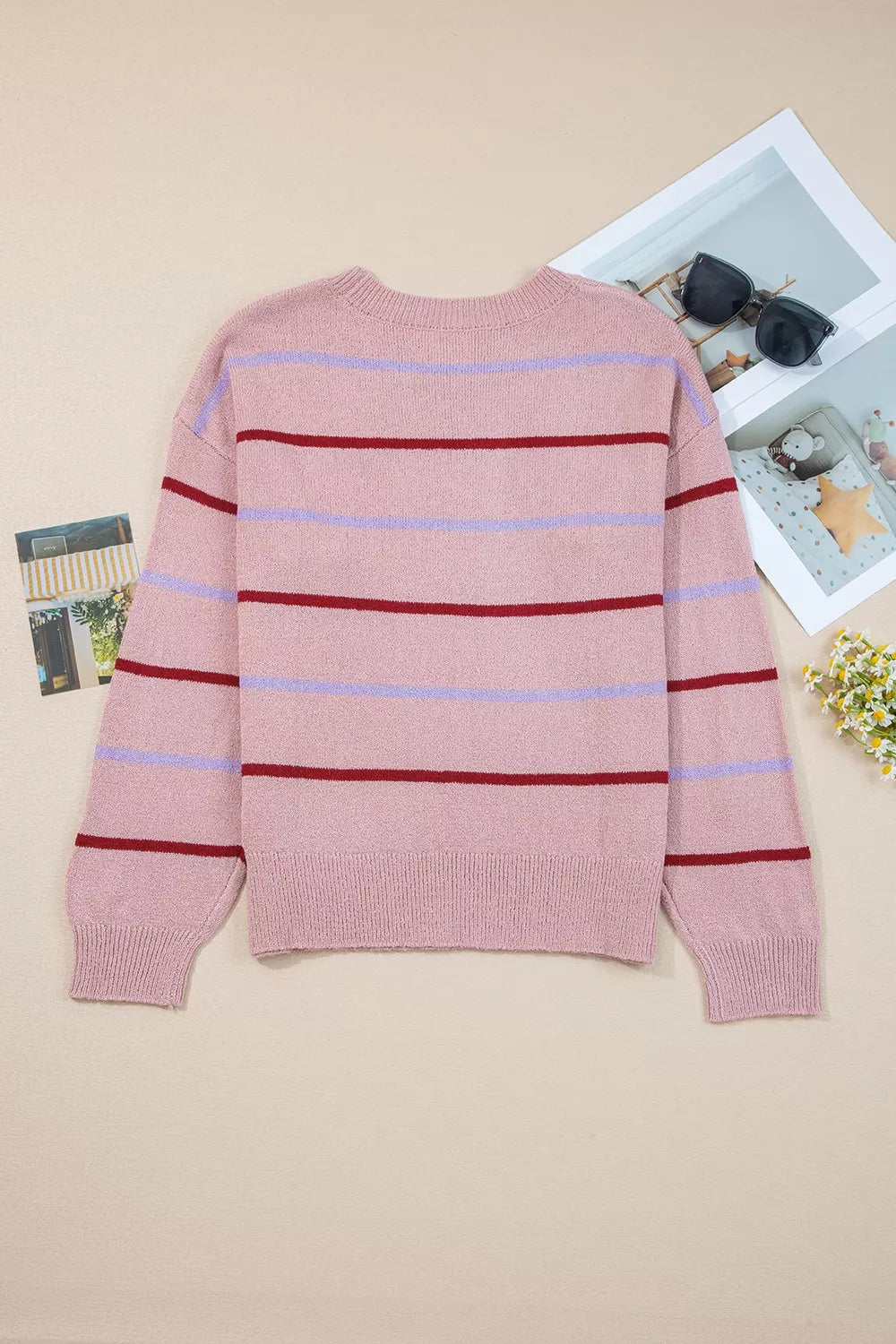 Striped Drop Shoulder Long Sleeve Sweater - Lilixa.store