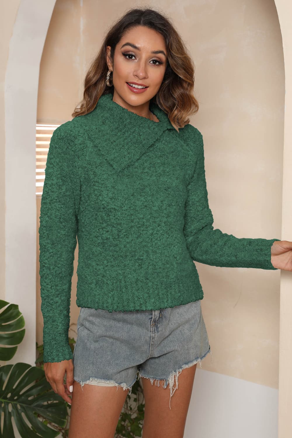 Asymmetrical Neck Long Sleeve Pullover Sweater, view 5