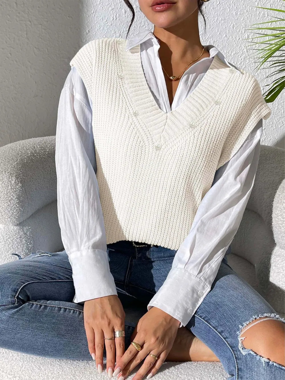 Pearl Trim V-Neck Sweater Vest, view 8
