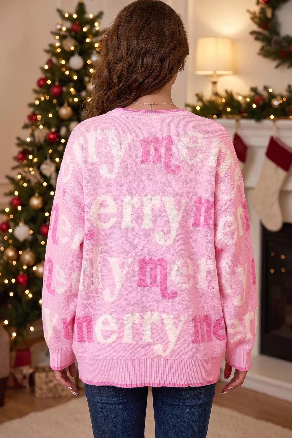 All Over Merry Me Graphic Round Neck Knit Sweater