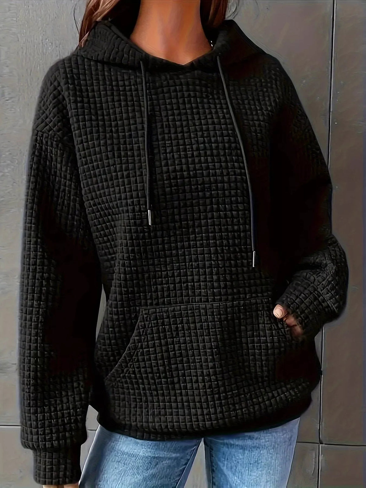 Textured Knit Drawstring Hoodie - Lilixa.store